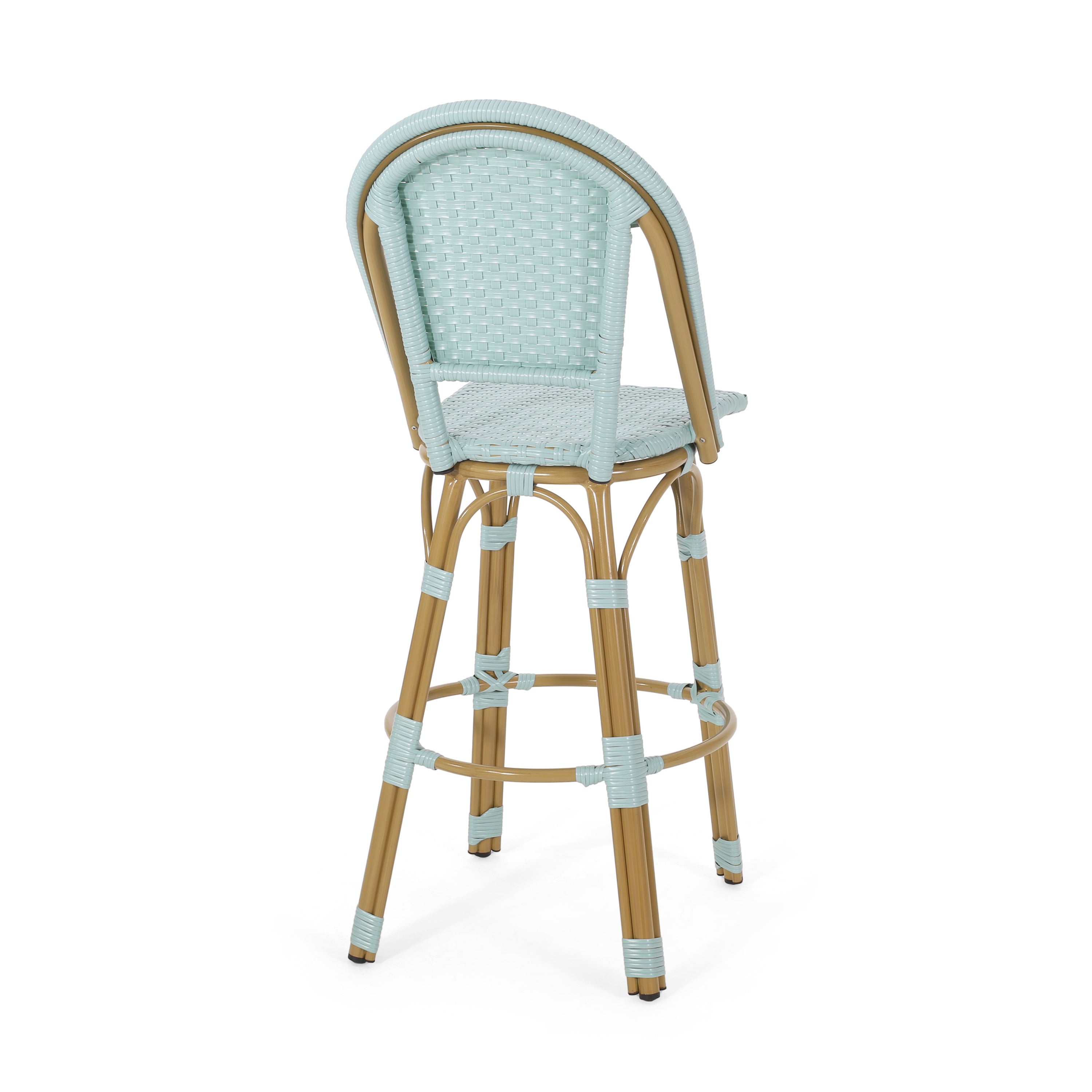 Callisto 29.5" Outdoor Rattan and Aluminum Bar Stool with Curved Back and Footrest