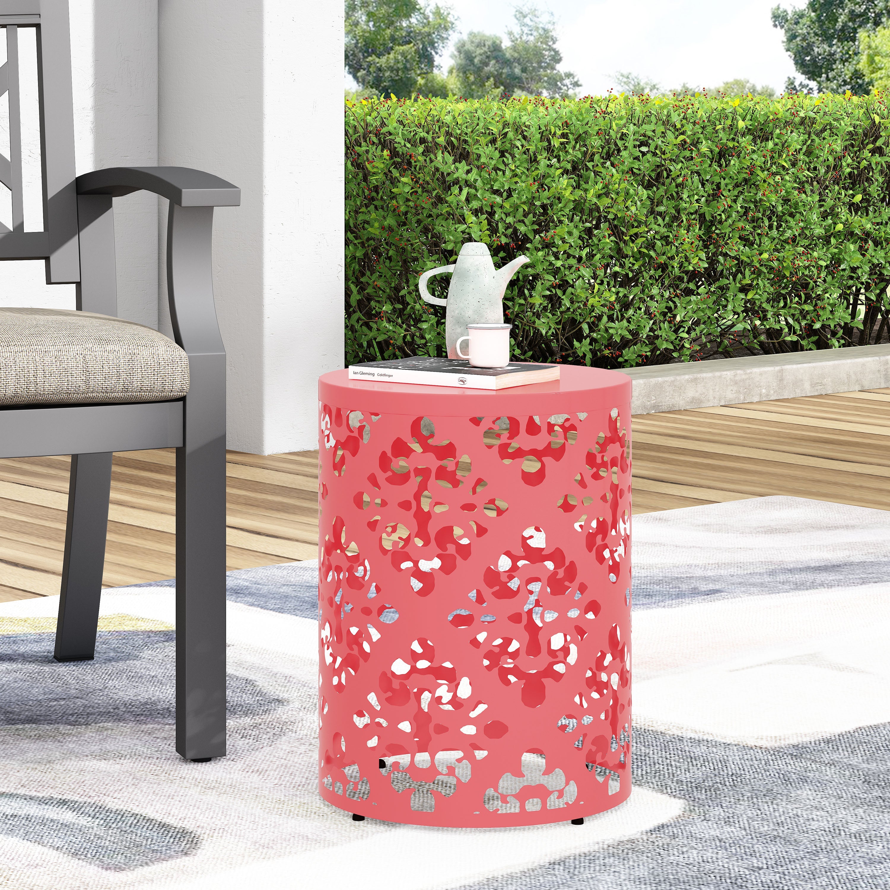 Spherical Outdoor Cylindrical End Table with Iron Cut Design