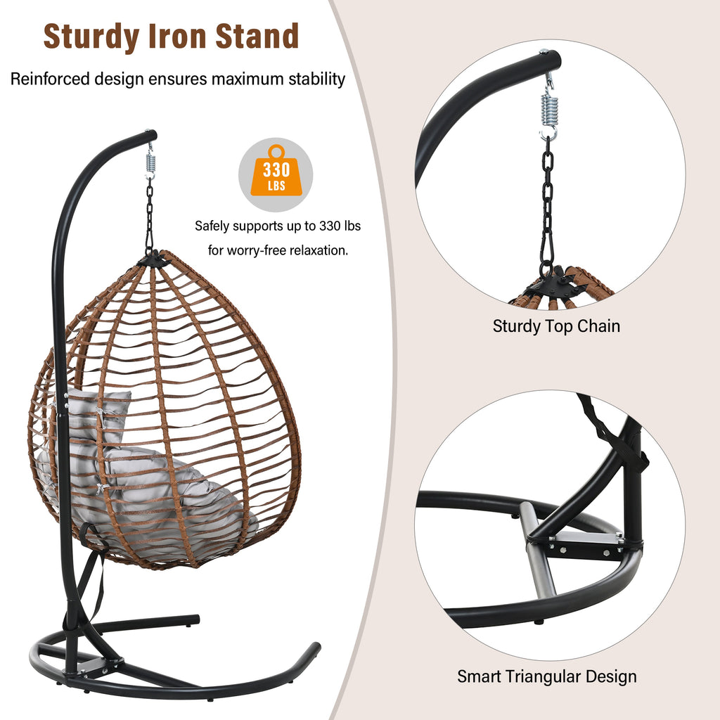 Foldable Rattan Egg Swing Chair with Iron Frame, Plush Cushion & Removable Headrest