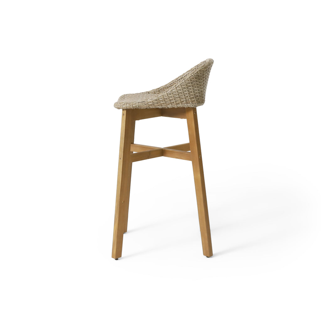 Beeson Outdoor Wicker and Acacia Wood Barstools, Set of 2