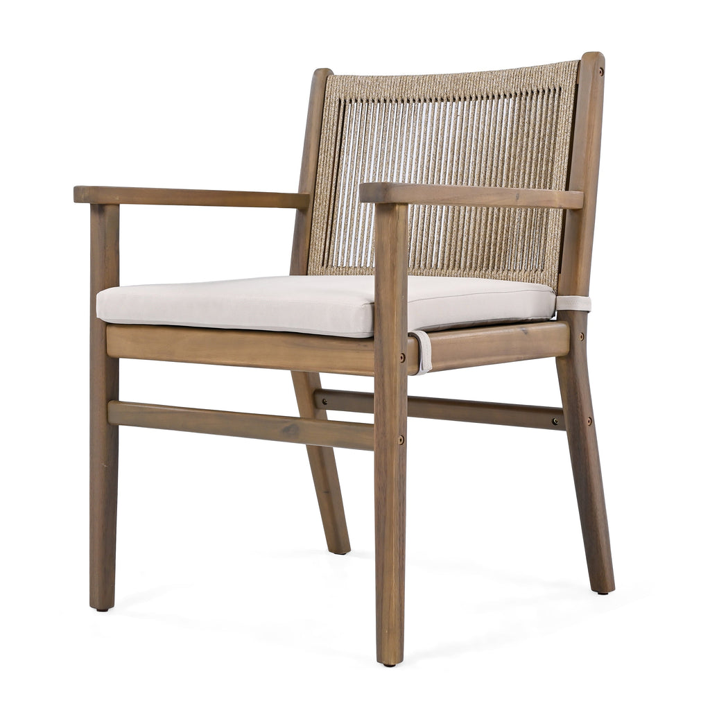Outdoor Dining Chair with Rope Design Back and Seat Cushion, Set of 2