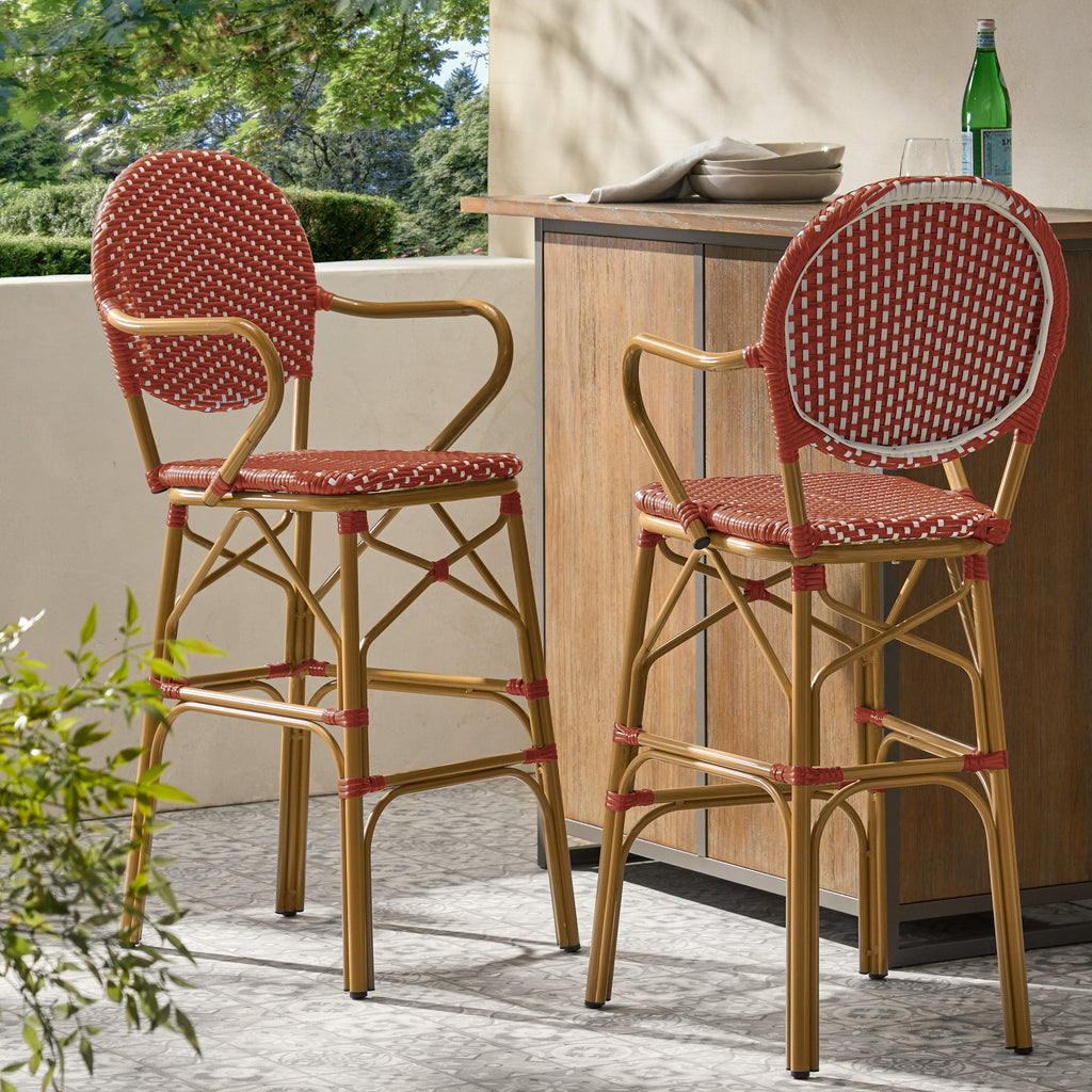 Valorous Outdoor Wicker Bar Stool with Round Back and Curved Arms, Set of 2