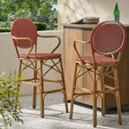 Valorous Outdoor Wicker Bar Stool with Round Back and Curved Arms, Set of 2