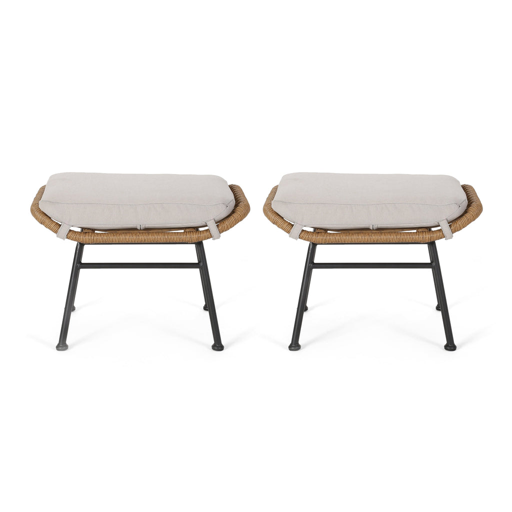 Cordella Outdoor Modern Boho Wicker Ottoman with Cushions, Set of 2