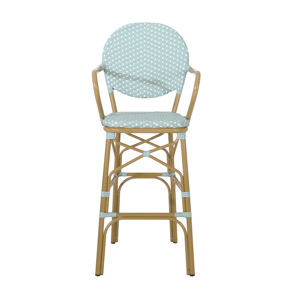 Valorous Outdoor Wicker Bar Stool with Round Back and Curved Arms, Set of 2