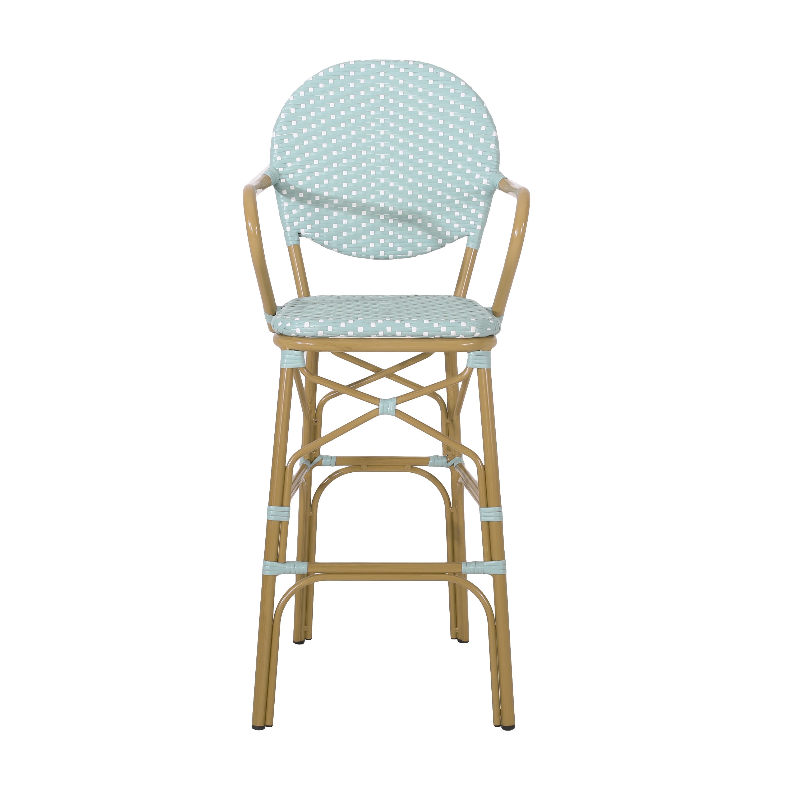 Valorous Outdoor Wicker Bar Stool with Round Back and Curved Arms, Set of 2