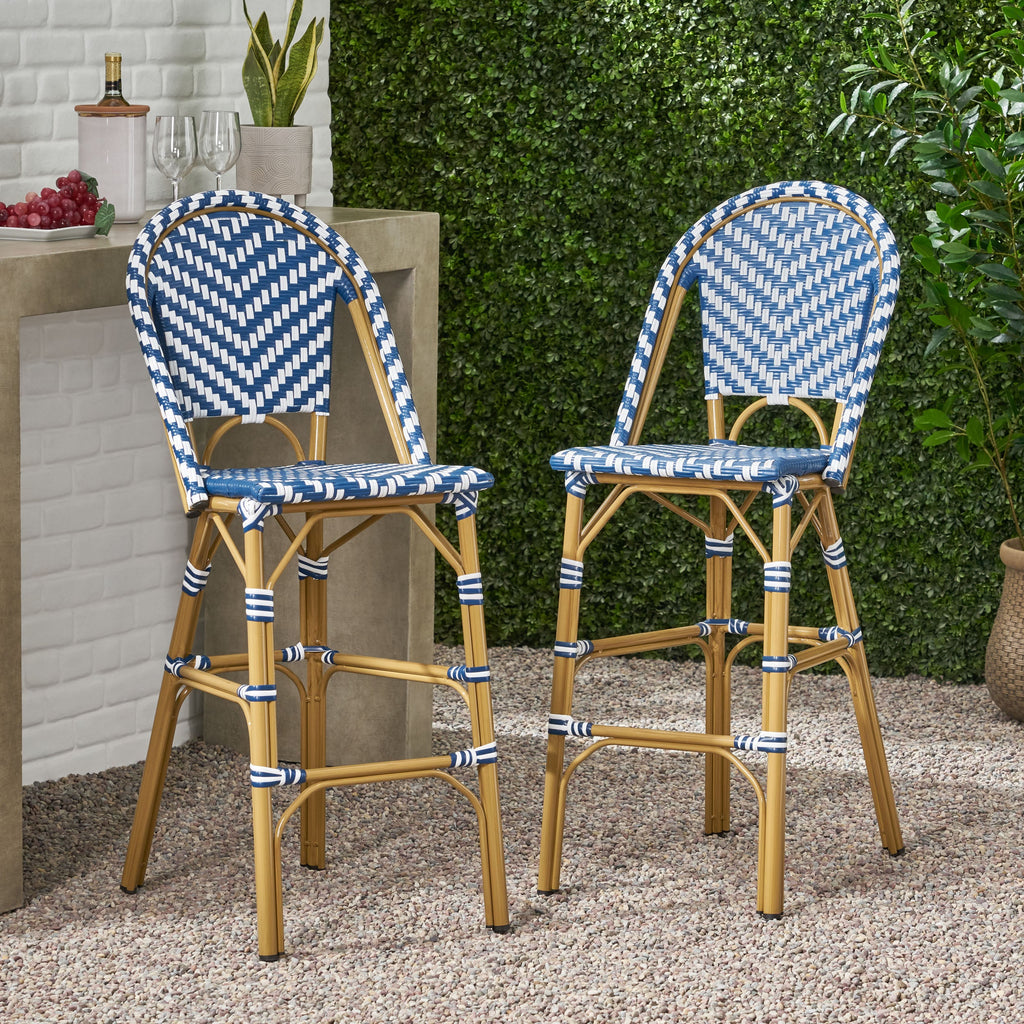 Clifftop 29.5" Outdoor Rattan Bar Stool with Aluminum Frame and Footrest, Set of 2