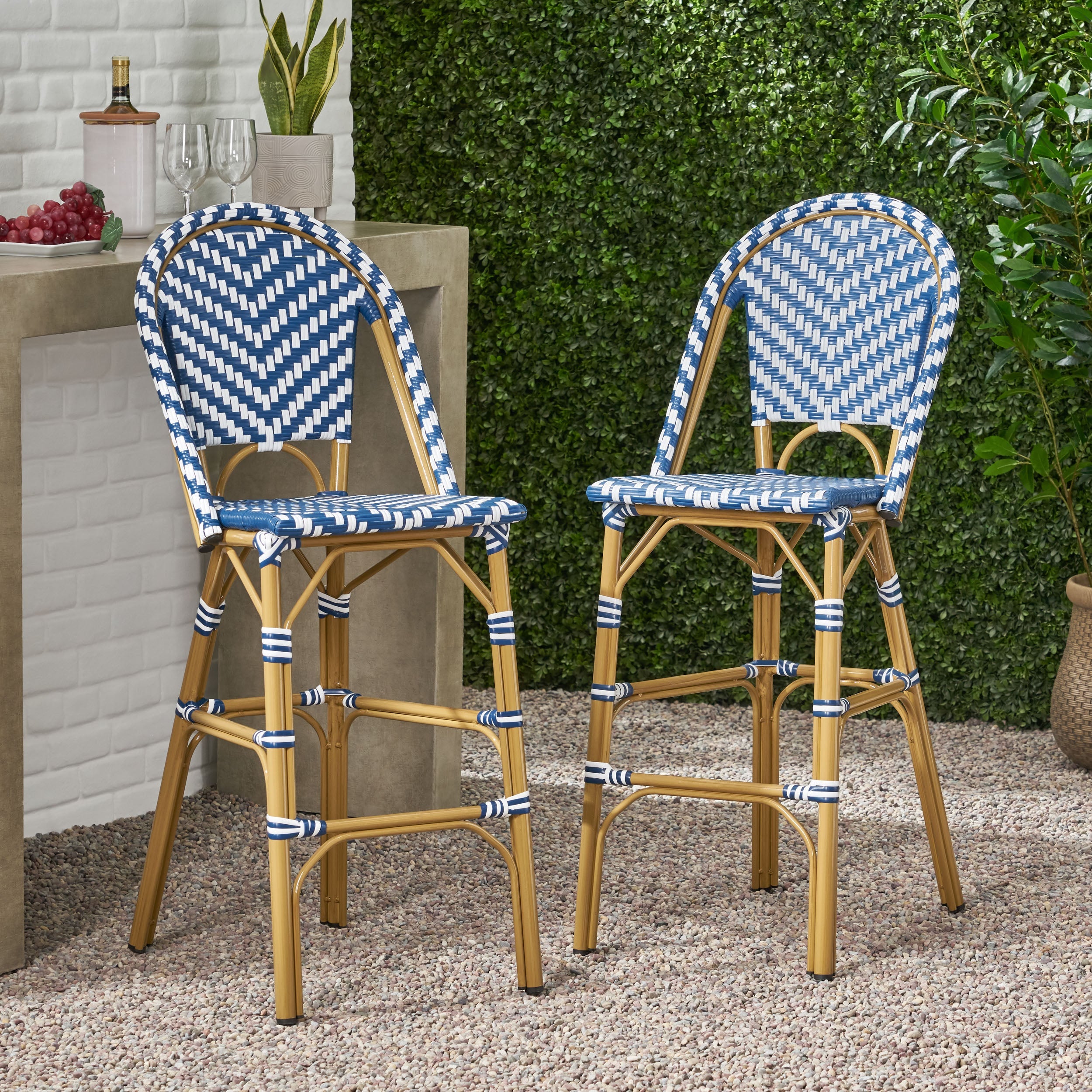 Clifftop 29.5" Outdoor Rattan Bar Stool with Aluminum Frame and Footrest, Set of 2