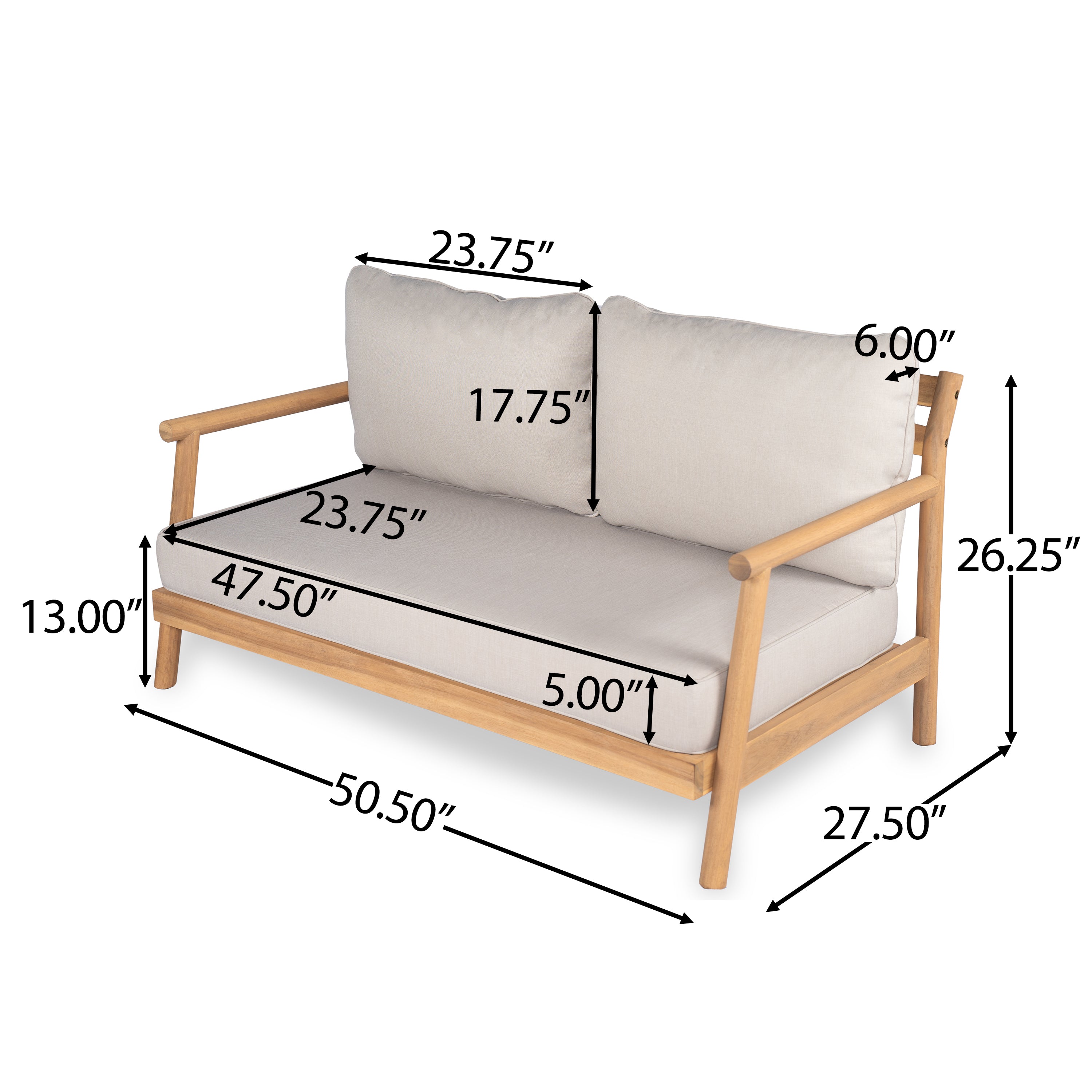 Indira Outdoor Acacia Wood Loveset Sofa with Water-Resistant Cushion