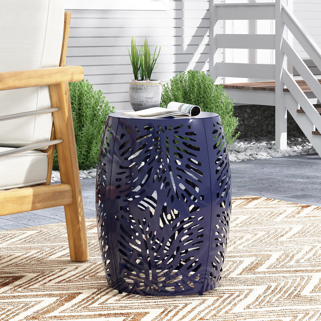 Rebirth Outdoor End Table with Tropical Palm Leaf Pattern and Iron Frame