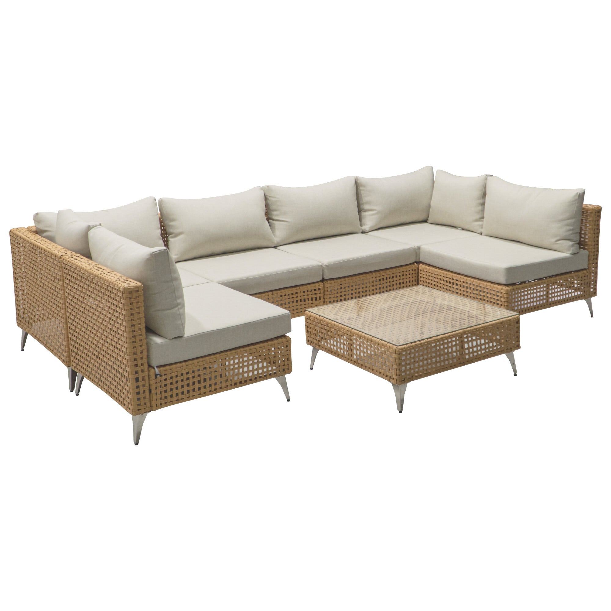 7-Piece Outdoor Wicker Sectional Sofa with Water Resistant Cushions and Coffee Table