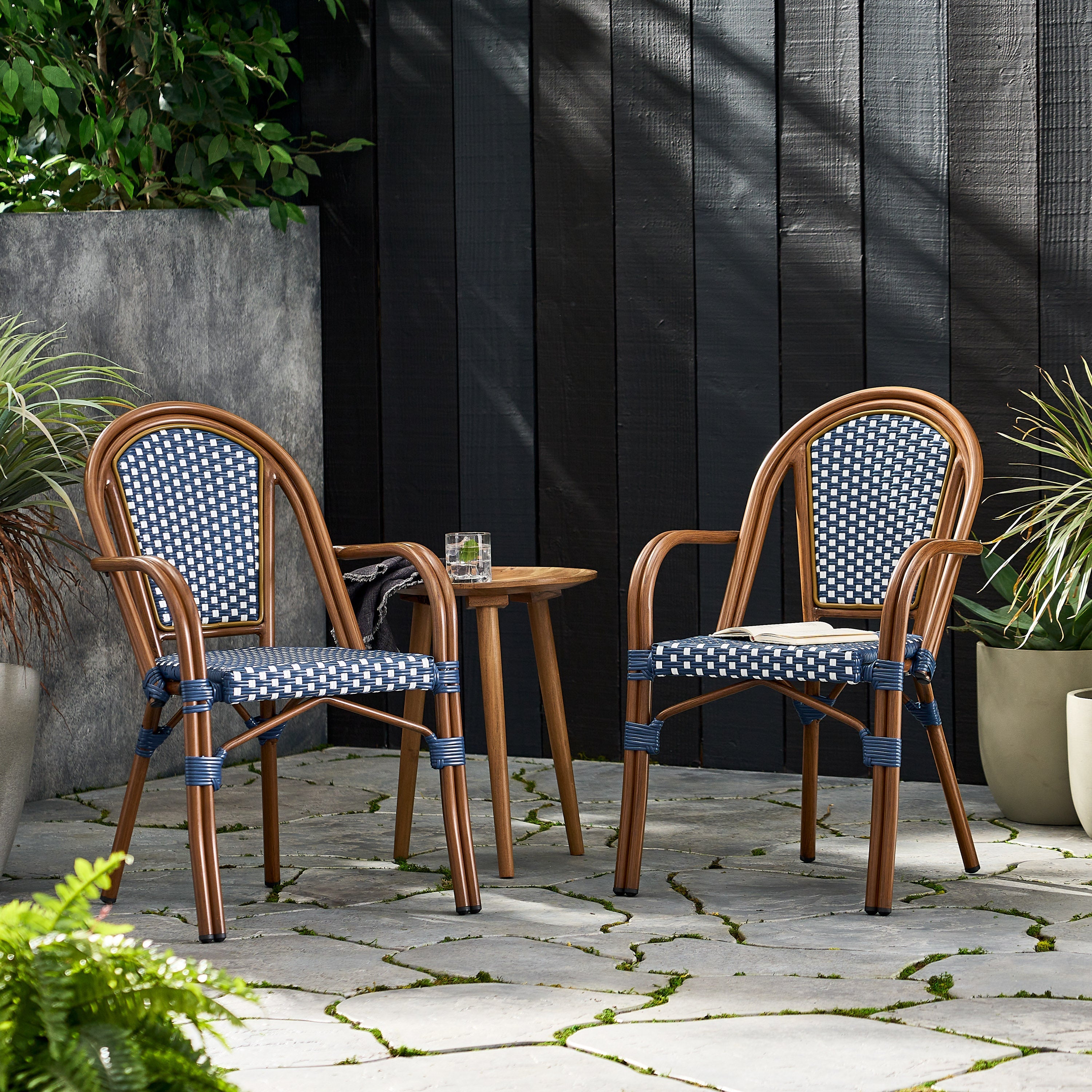 Crowned Wicker Bistro Chair with Checkered Pattern and Curved Arms, Set of 2