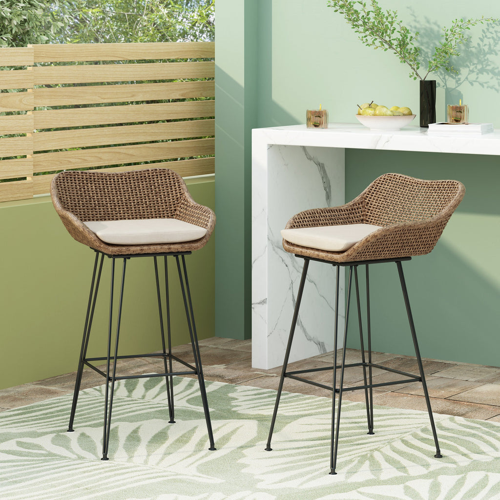 29.25" Outdoor Wicker Bar Stool with Hairpin Legs and Low Back, Set of 2
