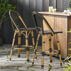 Callisto 29.5" Outdoor Rattan and Aluminum Bar Stool with Curved Back and Footrest
