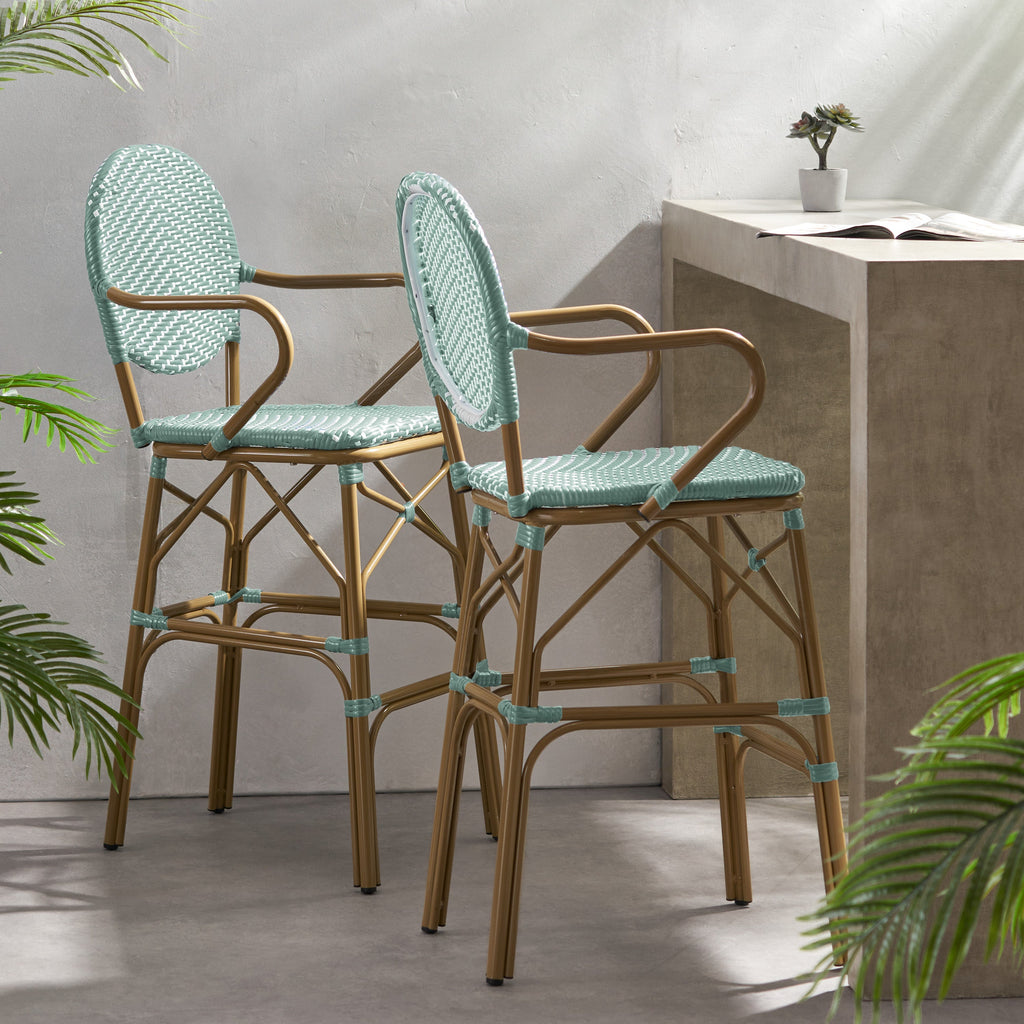 Valorous Outdoor Wicker Bar Stool with Round Back and Curved Arms, Set of 2