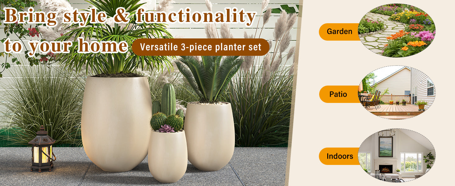Egg Shaped Lightweight Outdoor Planter, Set of 3