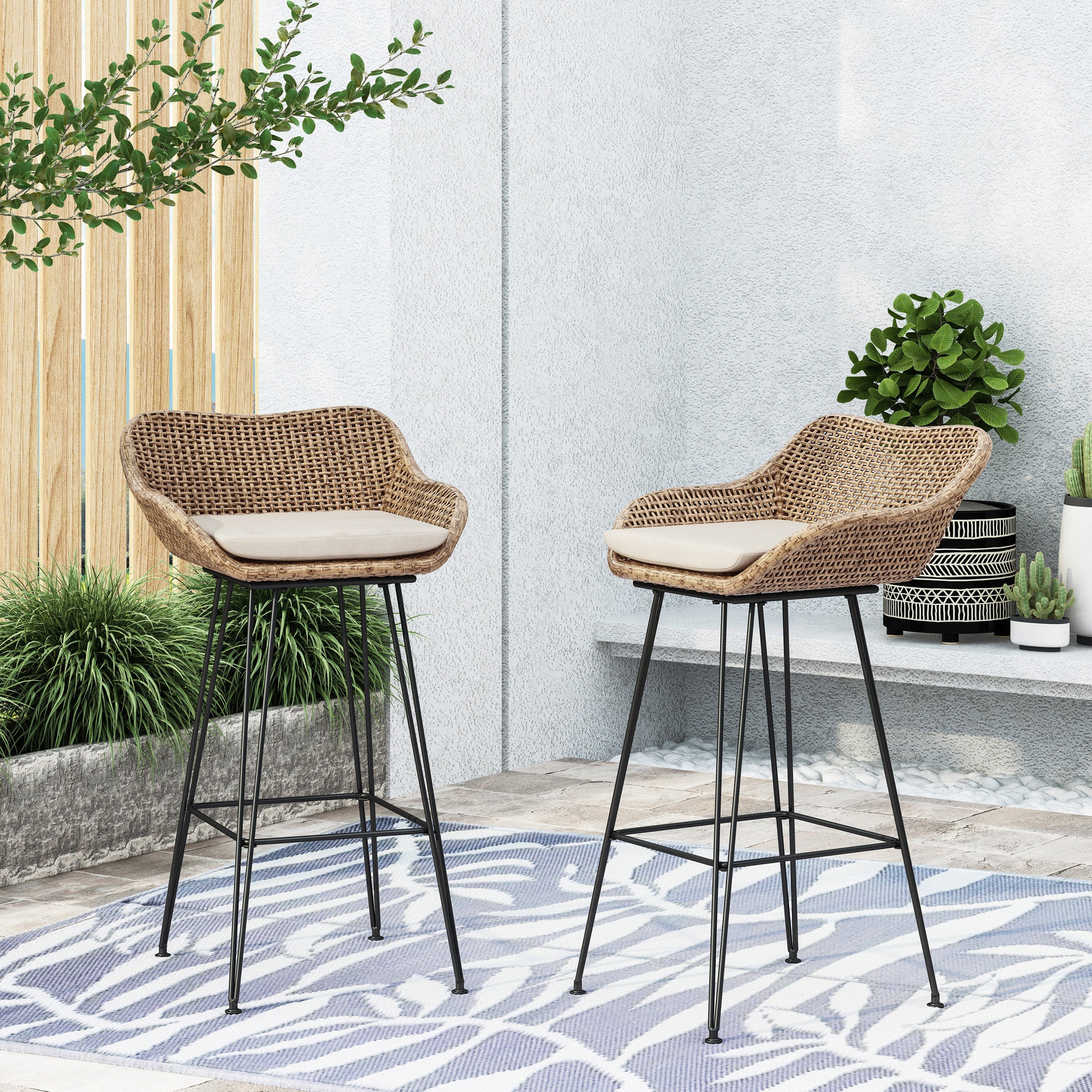 29.25" Outdoor Wicker Bar Stool with Hairpin Legs and Low Back, Set of 2