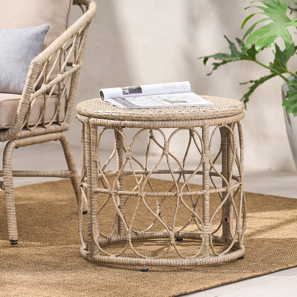 Cultured Outdoor Side Table with Wicker Weave Top and Looped Design