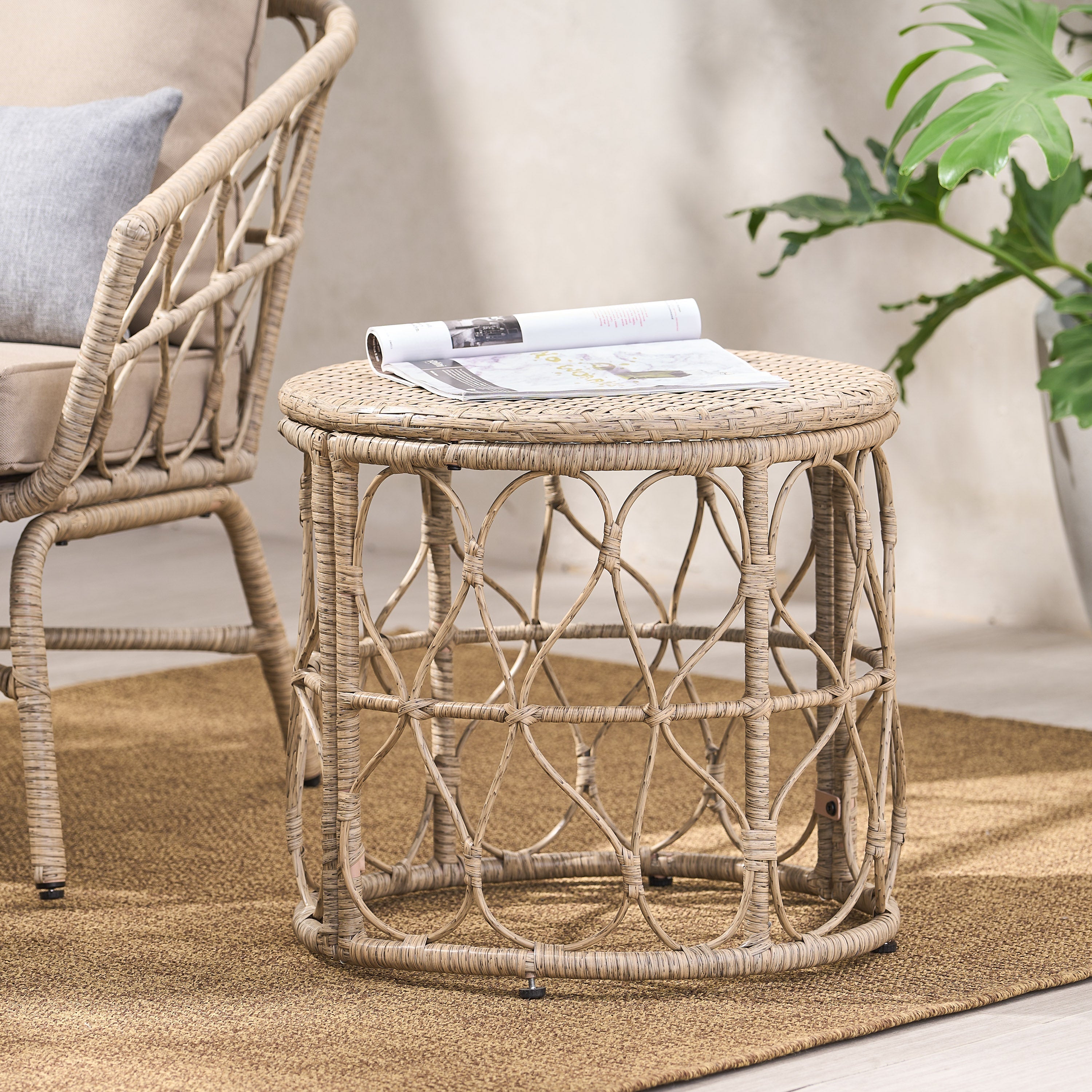 Cultured Outdoor Side Table with Wicker Weave Top and Looped Design