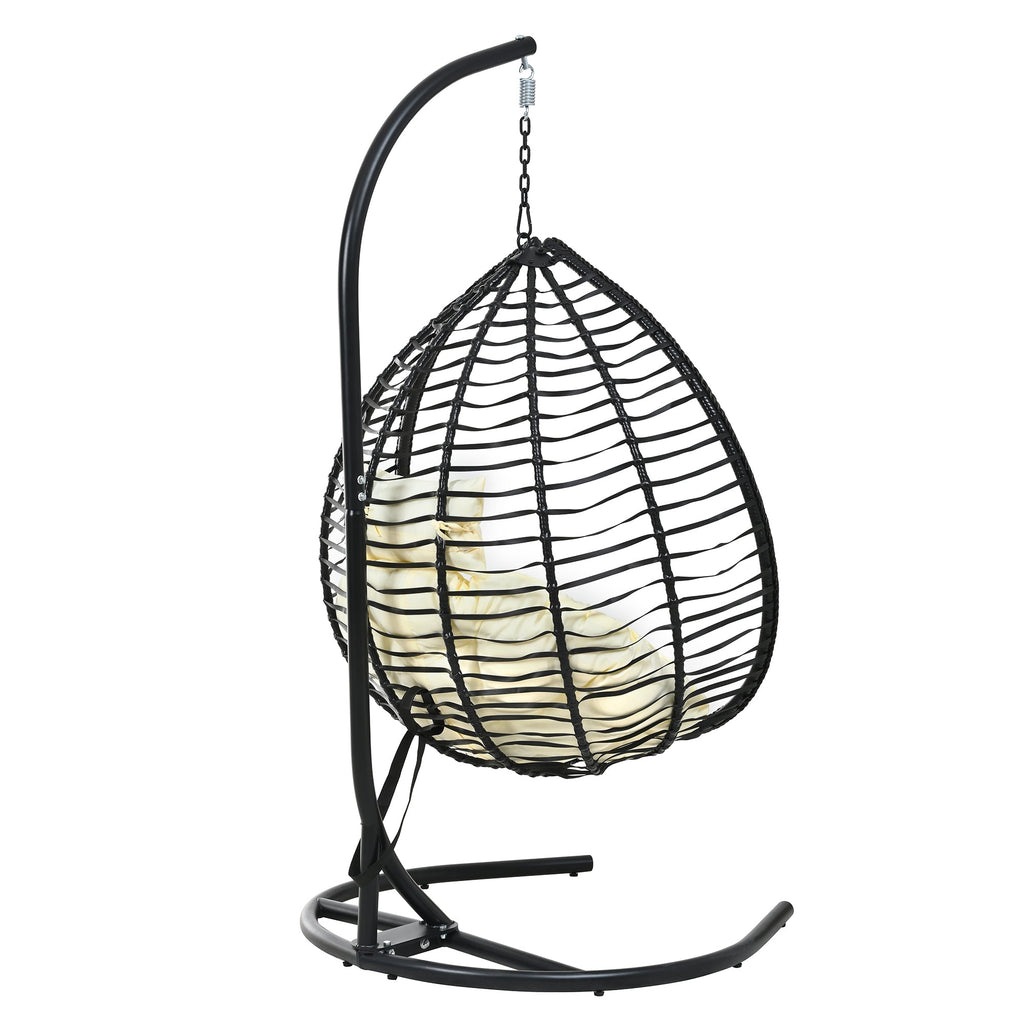 Foldable Rattan Egg Swing Chair with Iron Frame, Plush Cushion & Removable Headrest
