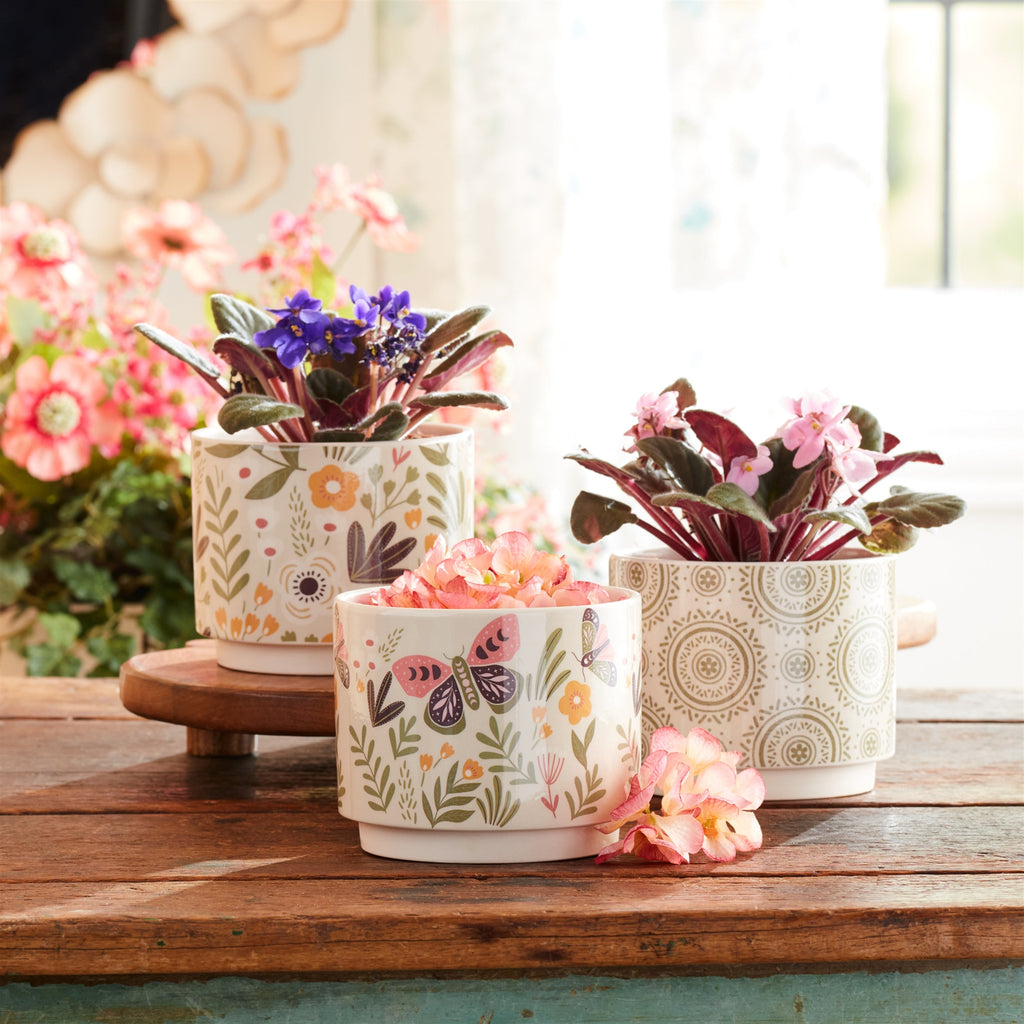 Stone Floral Patterned Planter, Set of 3
