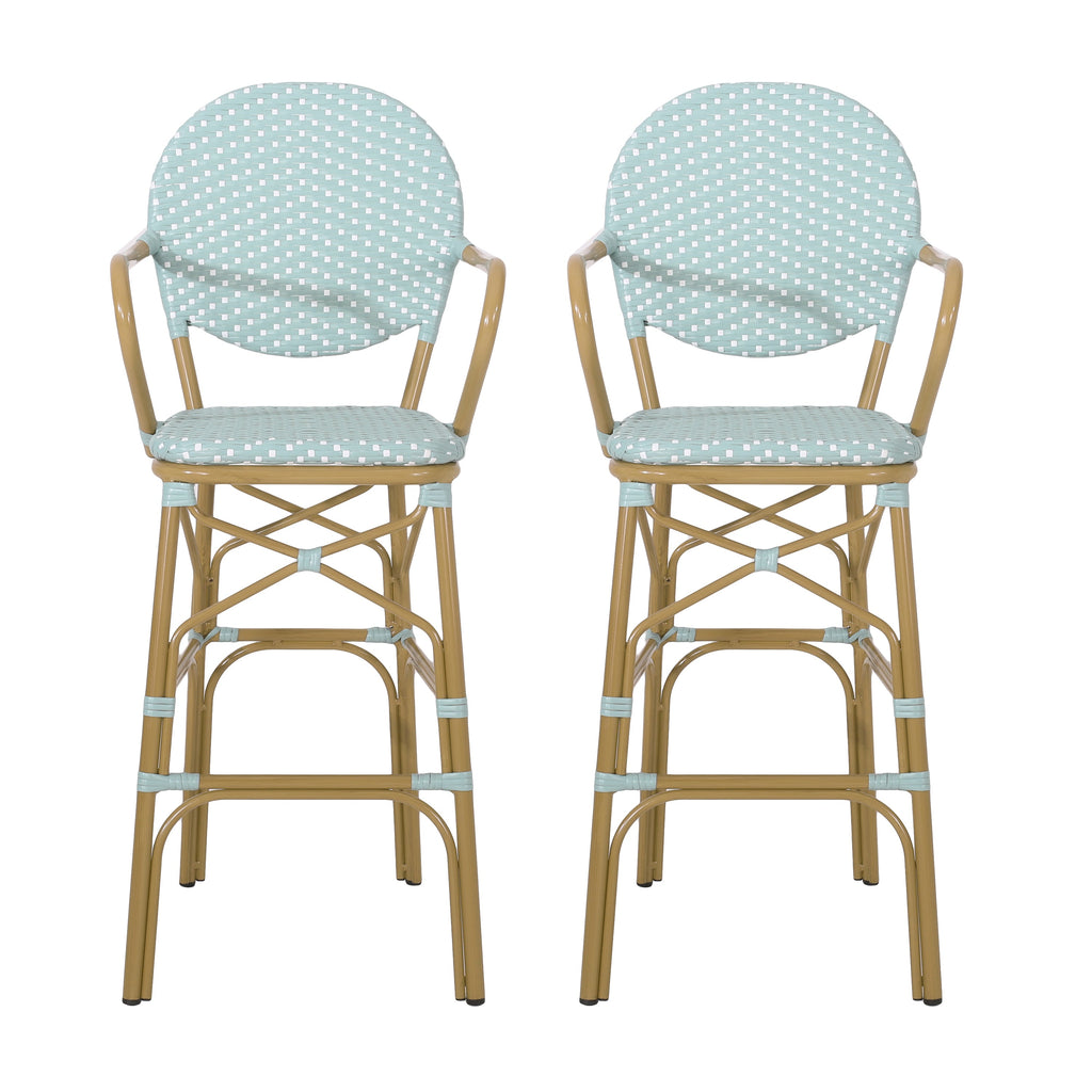 Valorous Outdoor Wicker Bar Stool with Round Back and Curved Arms, Set of 2