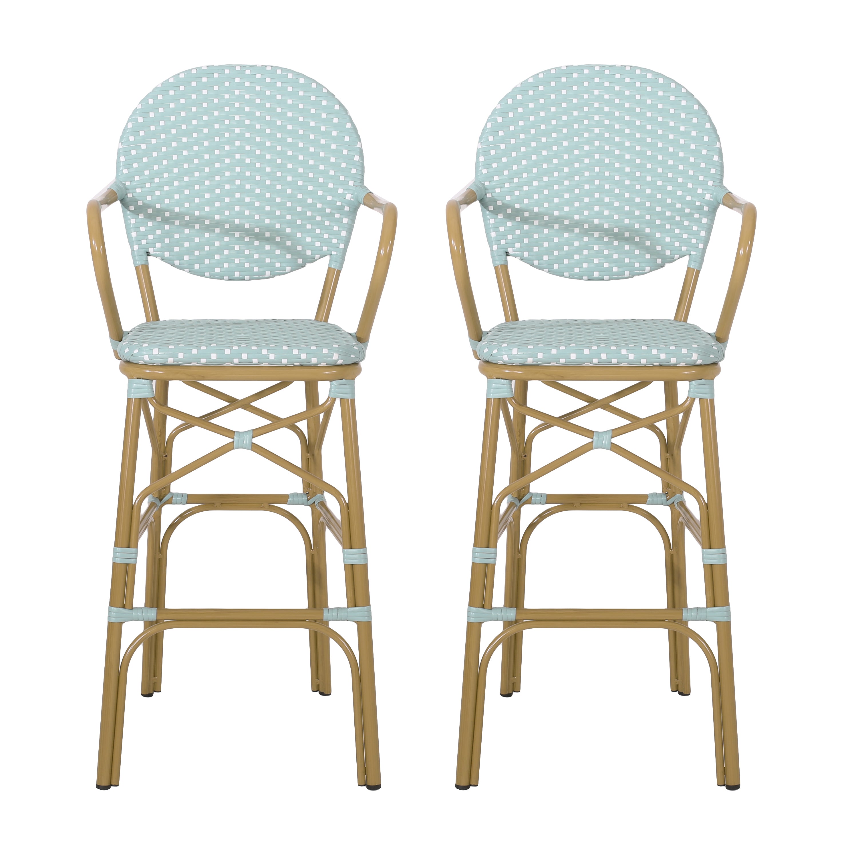 Valorous Outdoor Wicker Bar Stool with Round Back and Curved Arms, Set of 2