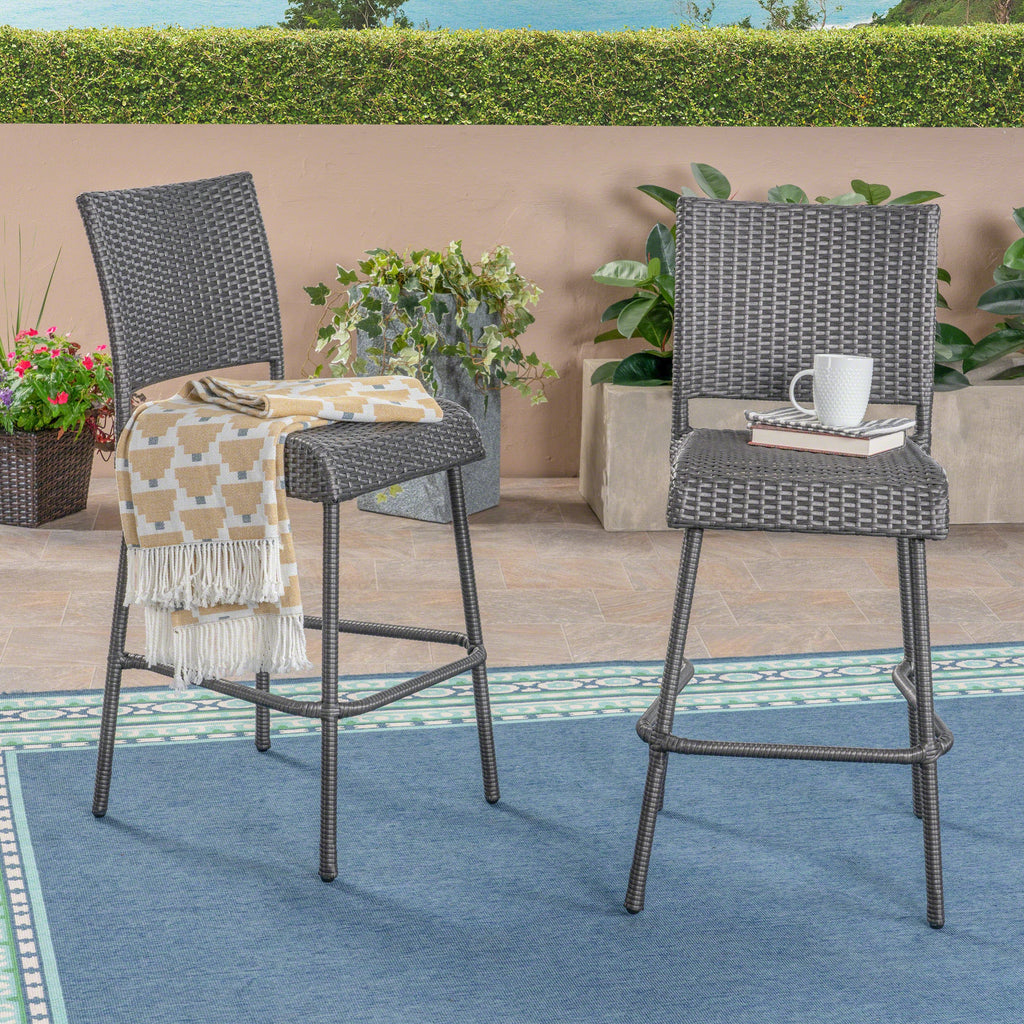 29" Outdoor Rattan Armless Barstools, Set of 2