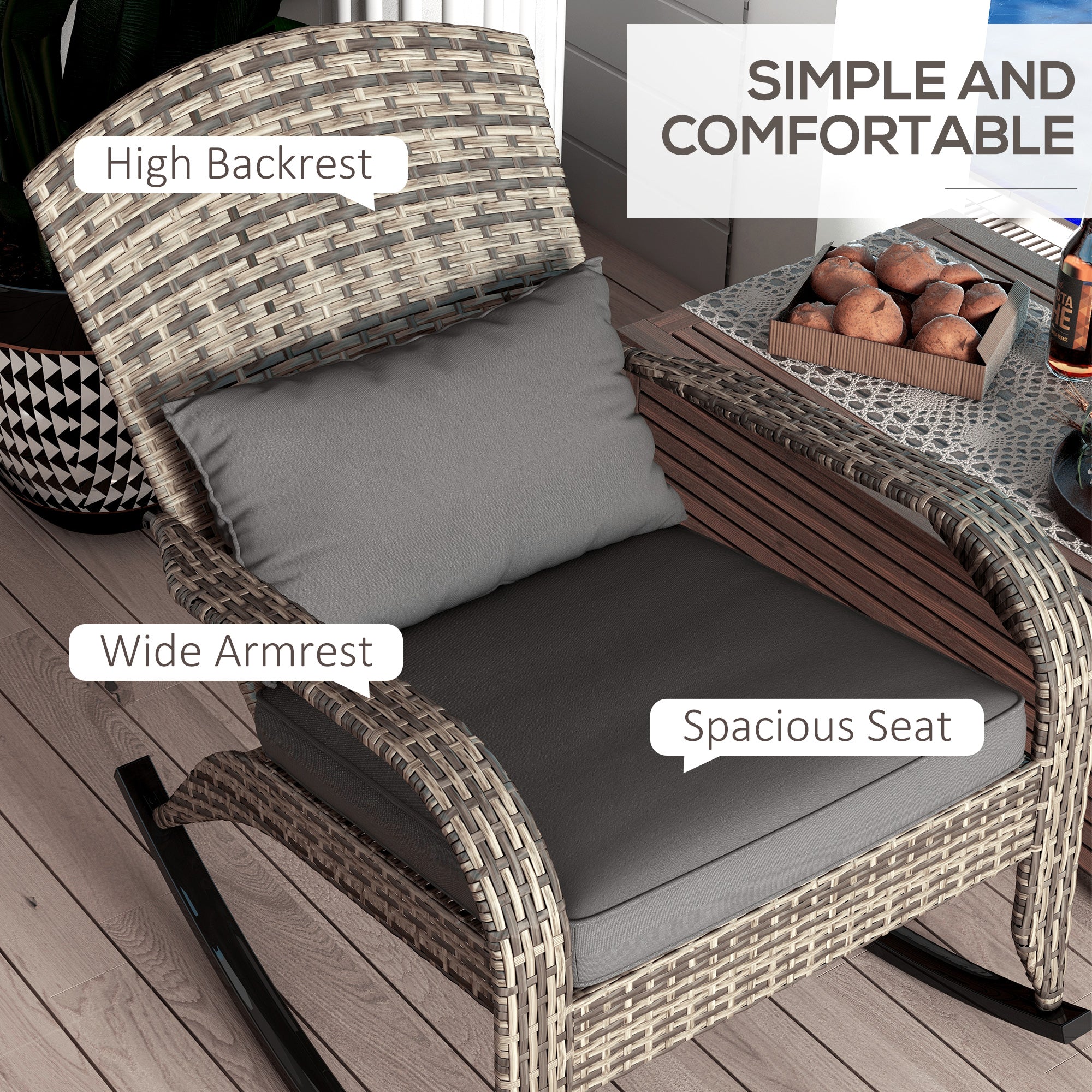 Outdoor Wicker Adirondack Rocking Chair with High Back & Seat Cushion
