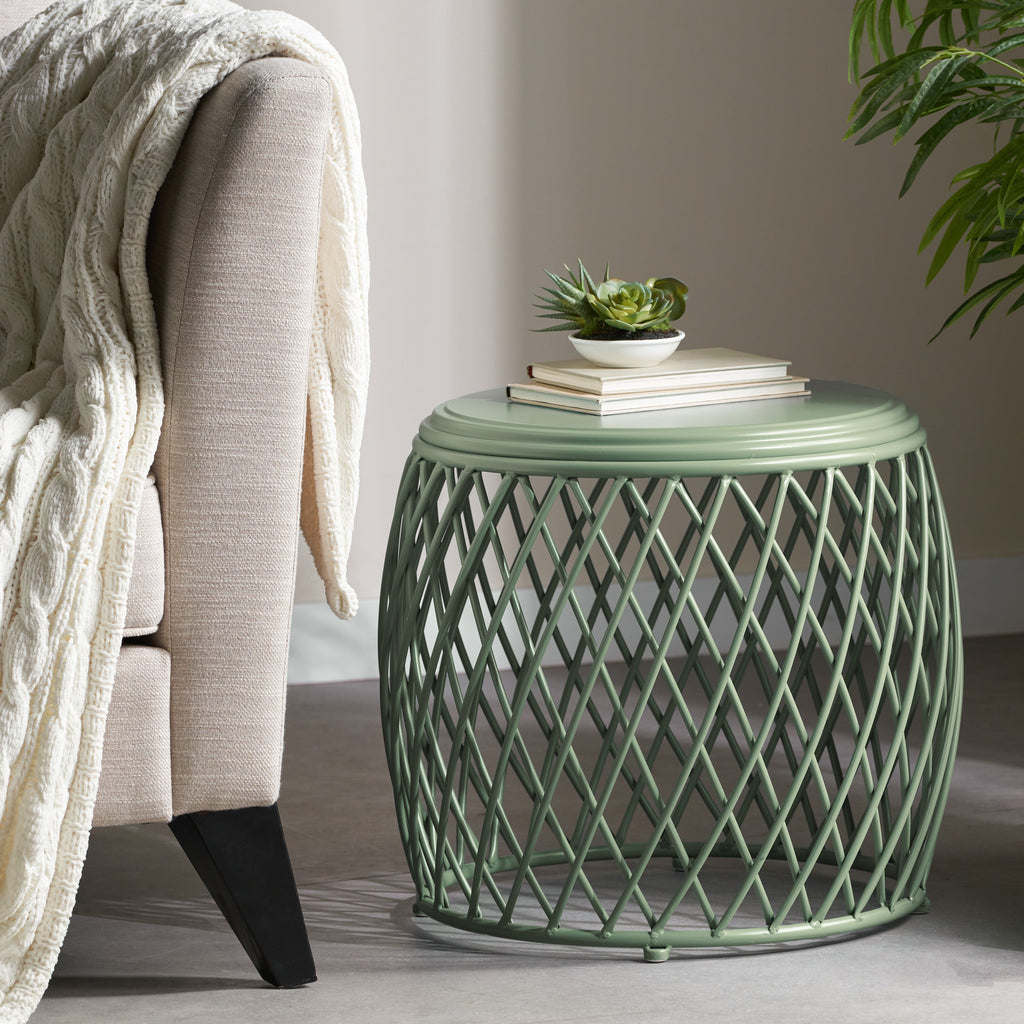 Coveted 19.75" Outdoor Cylindrical Iron Side Table with Lattice Design