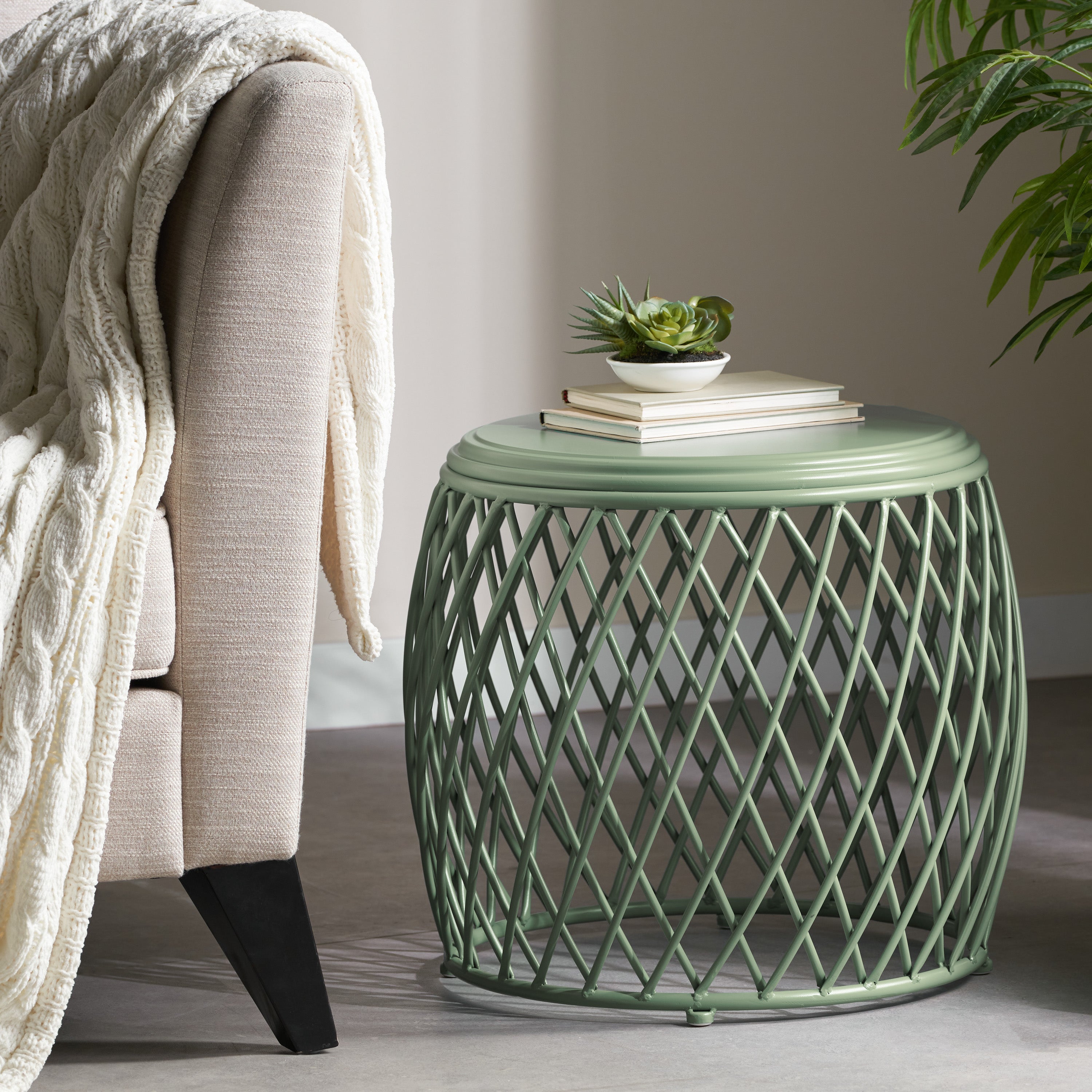 Coveted 19.75" Outdoor Cylindrical Iron Side Table with Lattice Design
