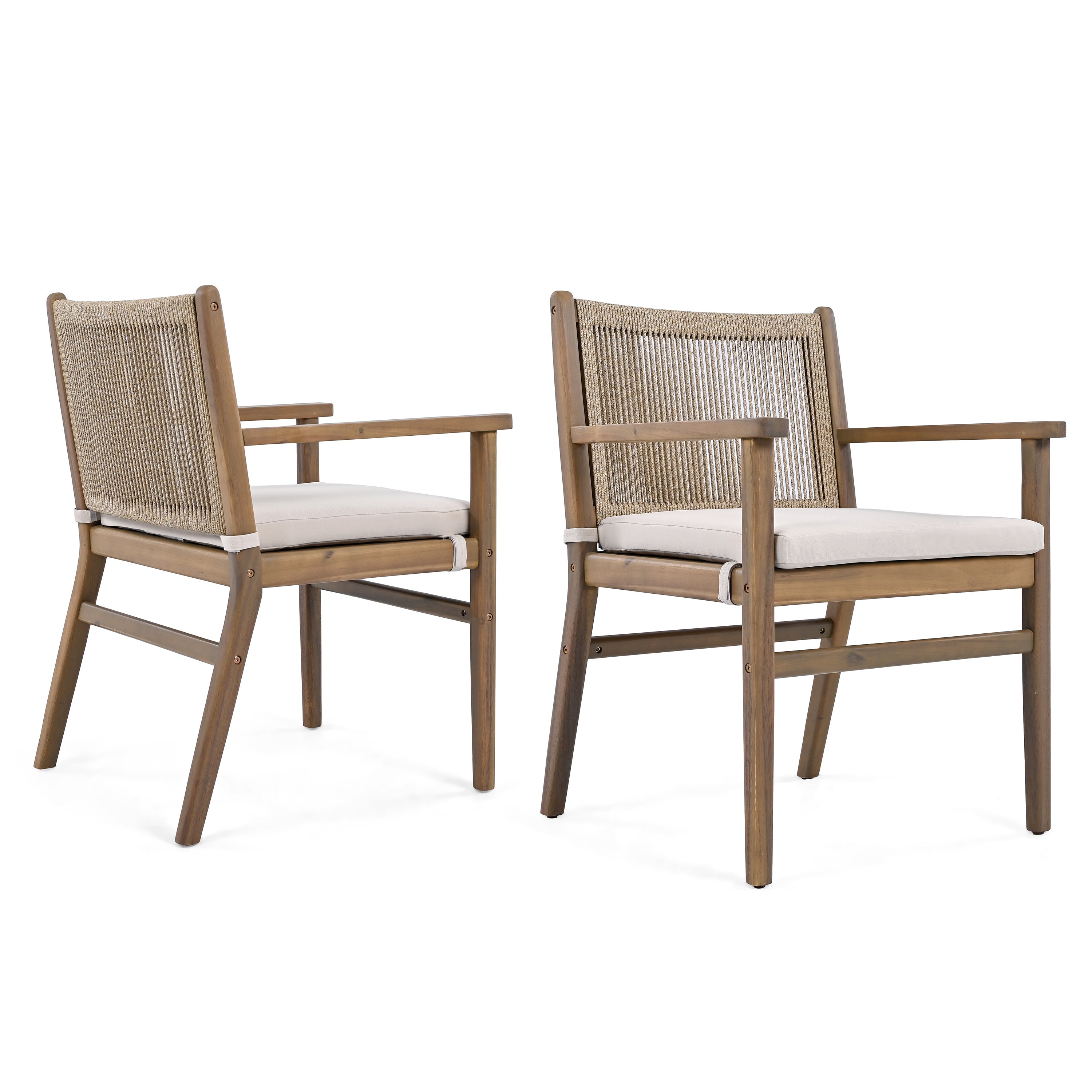 Outdoor Dining Chair with Rope Design Back and Seat Cushion, Set of 2