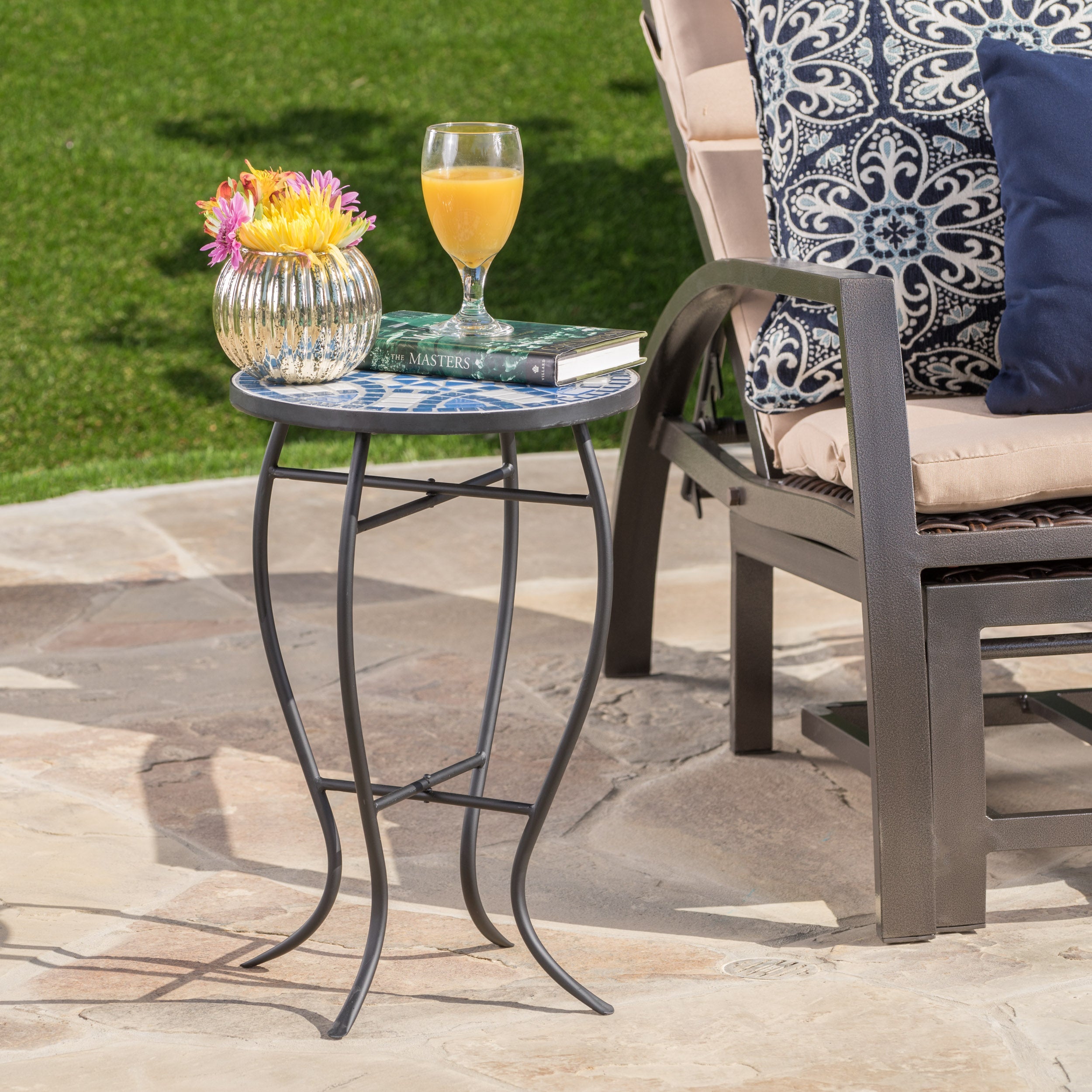 Outdoor Round End Table with Mosaic-Style Top and Curved Iron Legs