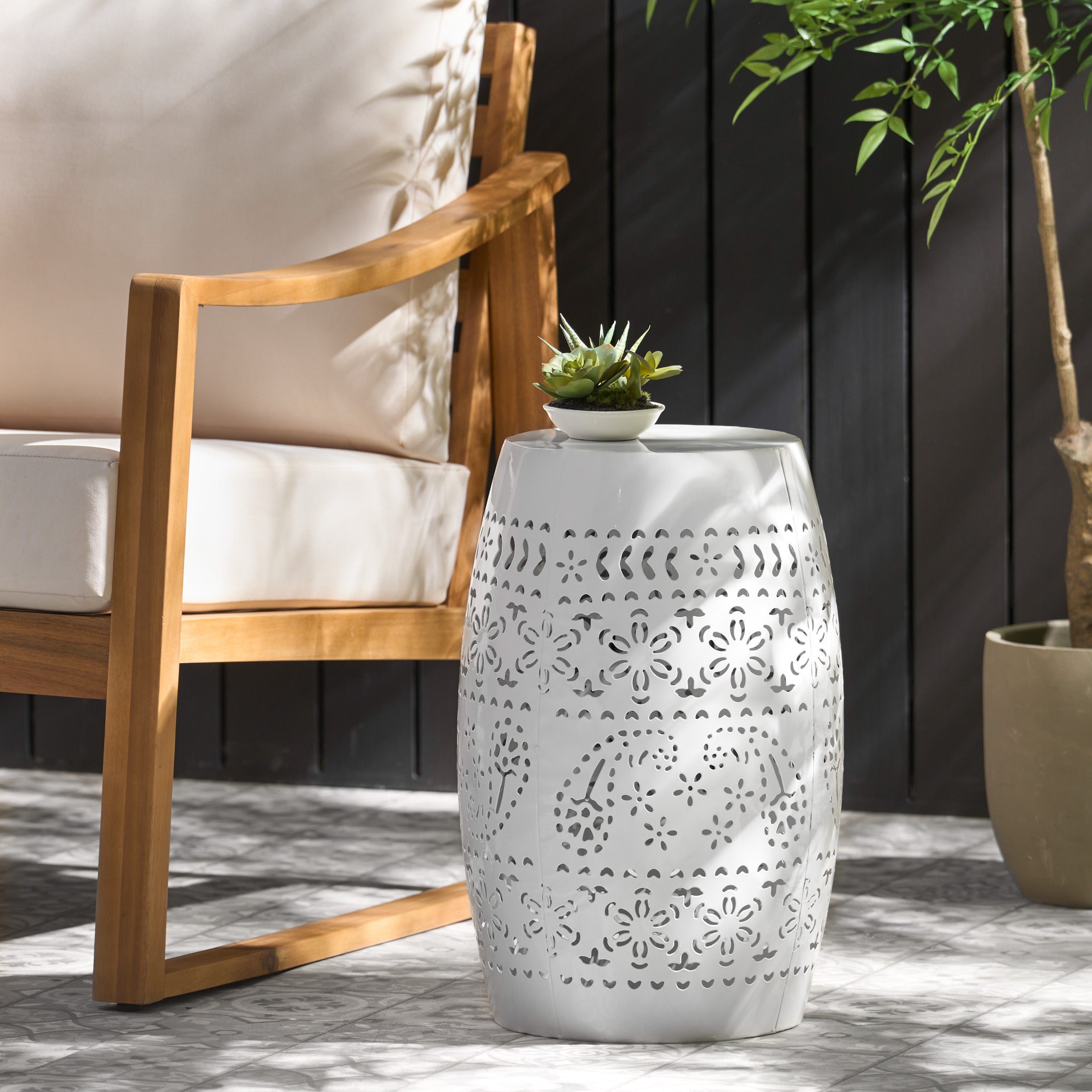 Ruby Outdoor Metal Lace Cutout Accent Table