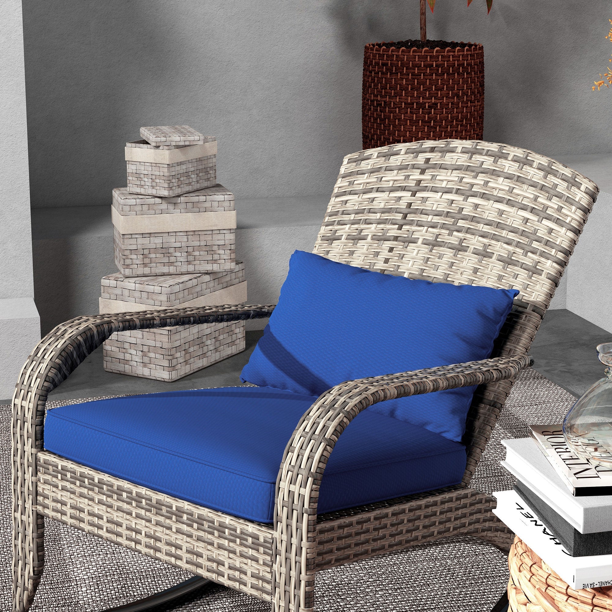 Outdoor Wicker Adirondack Rocking Chair with High Back & Seat Cushion