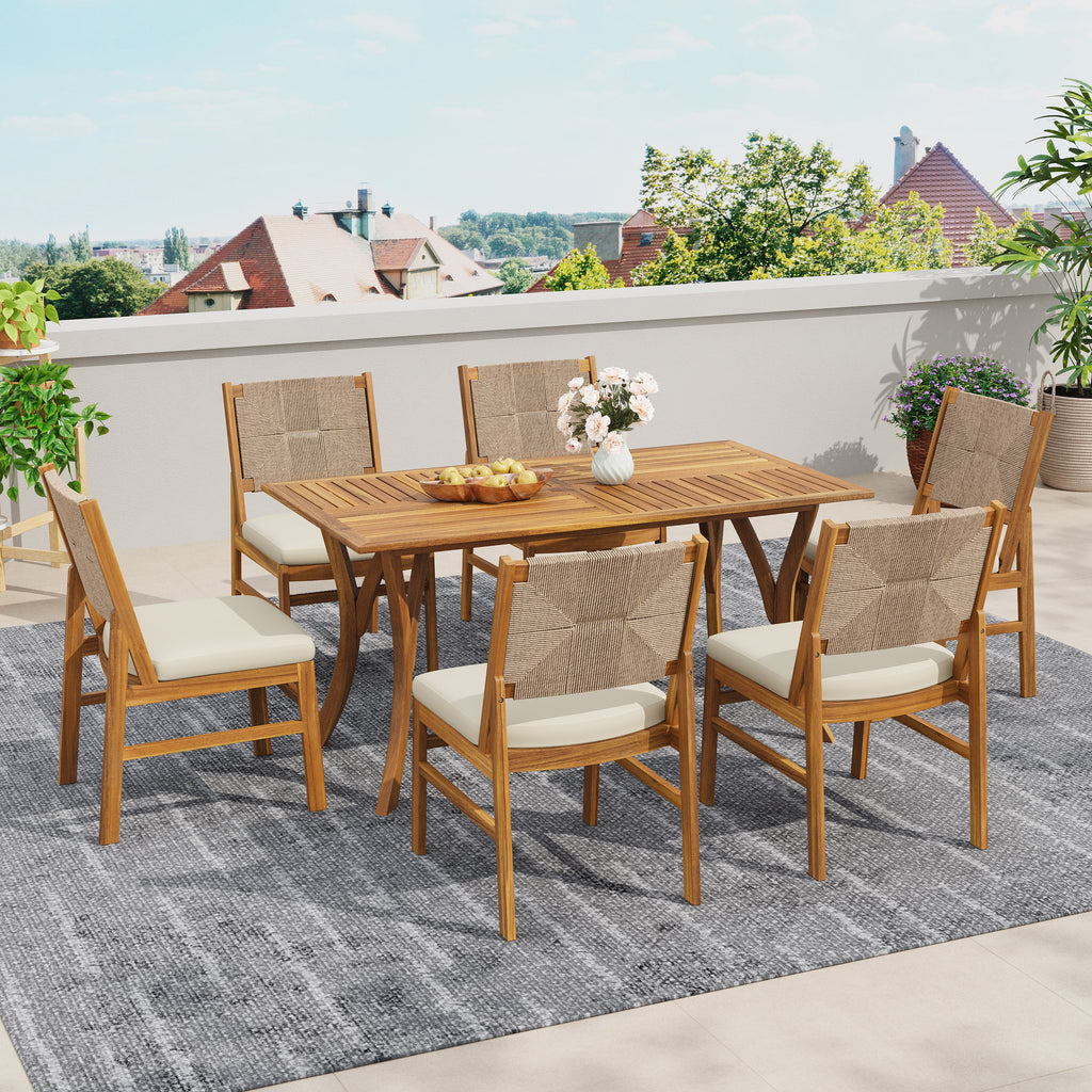 Monica Outdoor Wood and Wicker Woven 7 Piece Dining Set