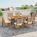 Monica Outdoor Wood and Wicker Woven 7 Piece Dining Set