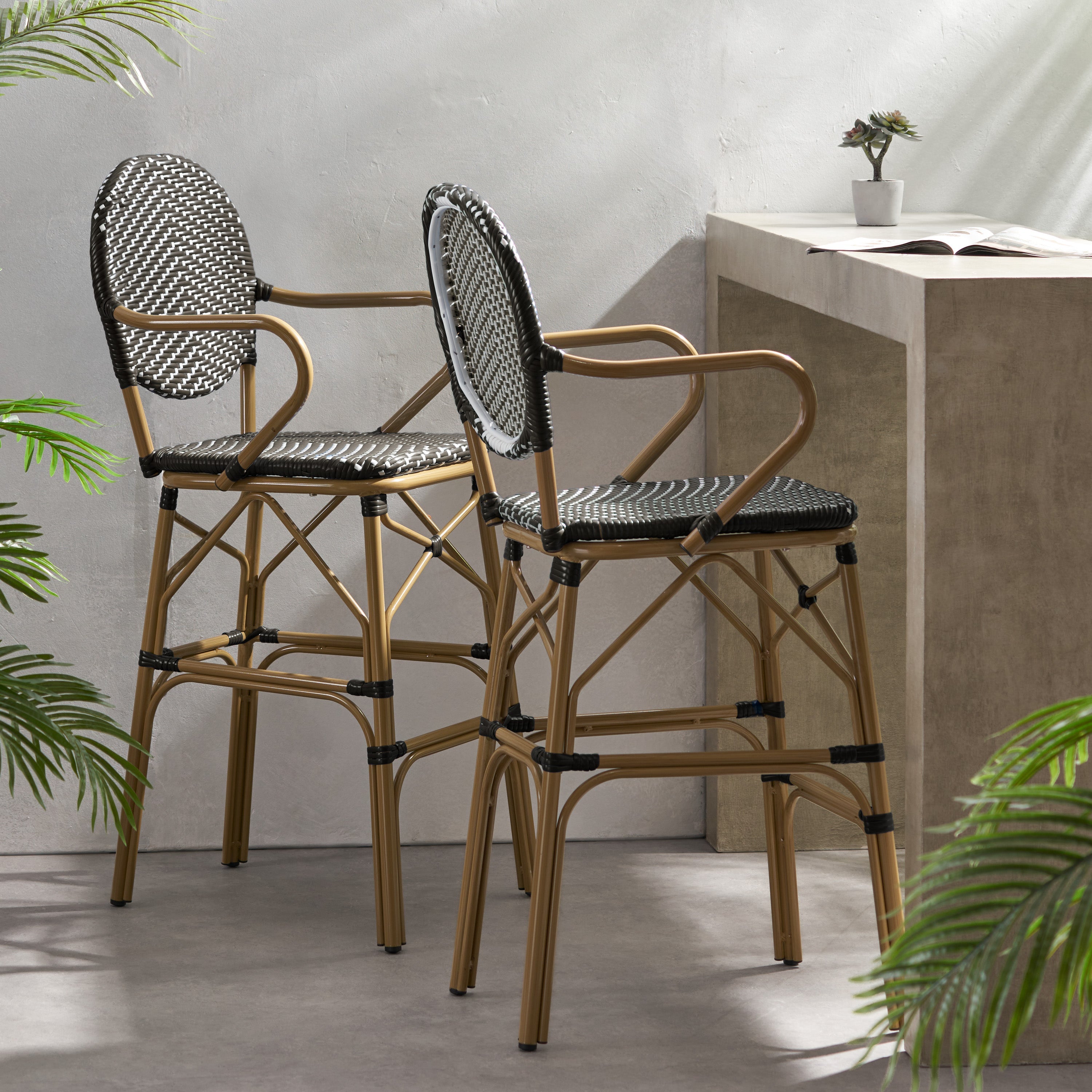 Valorous Outdoor Wicker Bar Stool with Round Back and Curved Arms, Set of 2