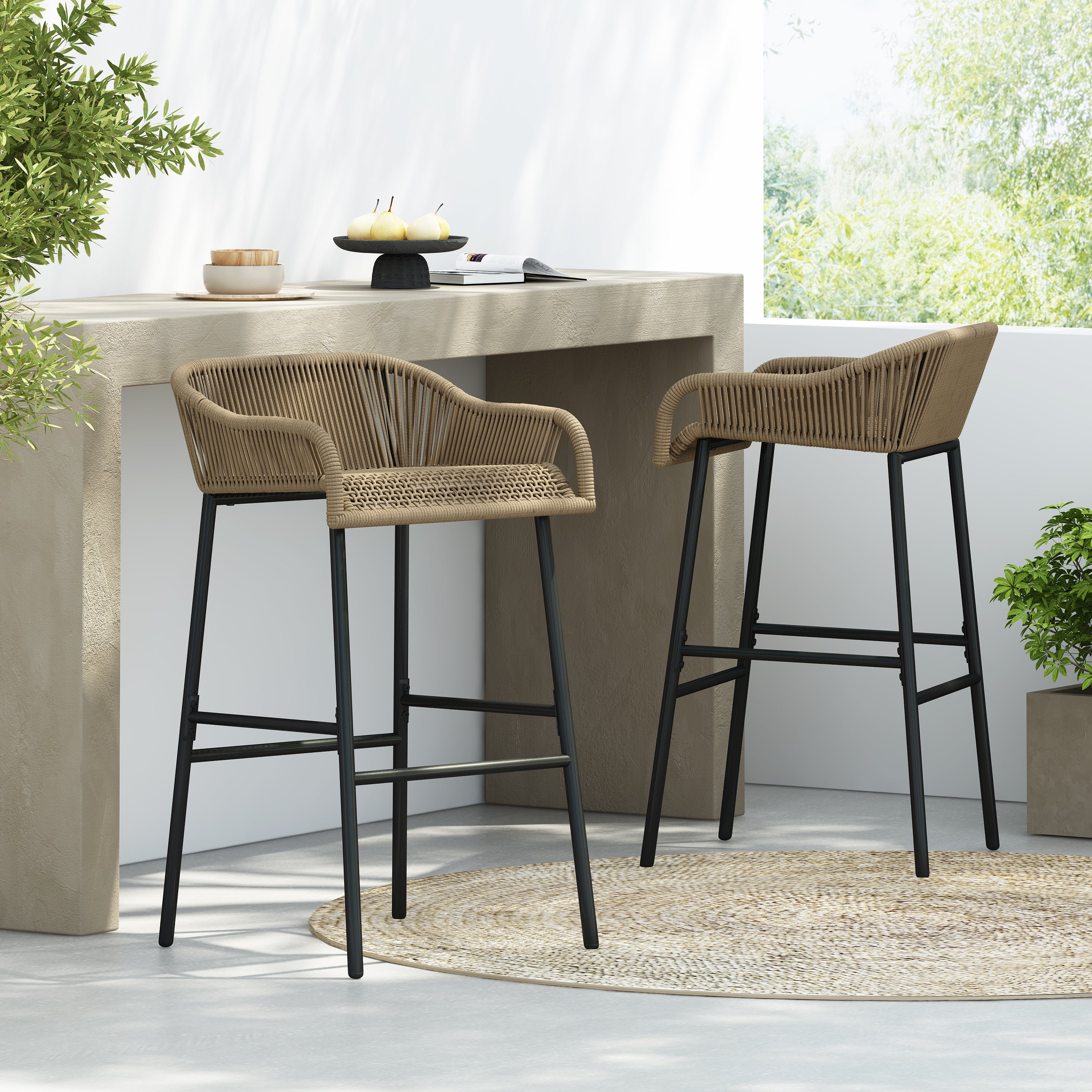 Outdoor Rope Bar Stool with Low Back and Iron Frame, Set of 2