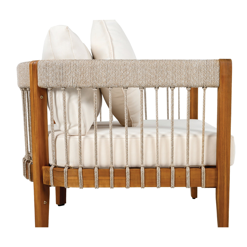 Azari Outdoor Acacia Wood Club Chair with Handwoven Rope Accents & Curved Backrest