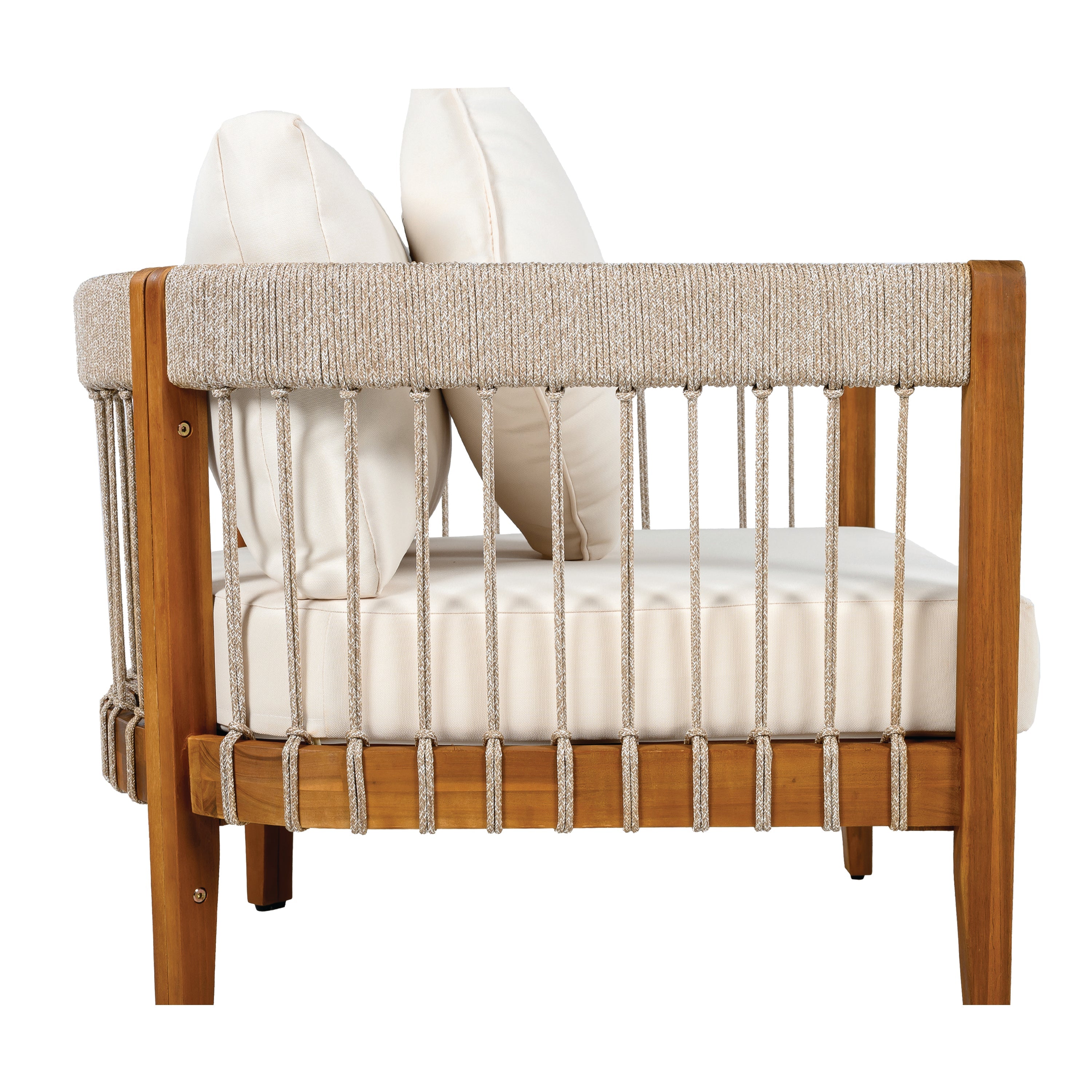 Azari Outdoor Acacia Wood Club Chair with Handwoven Rope Accents & Curved Backrest