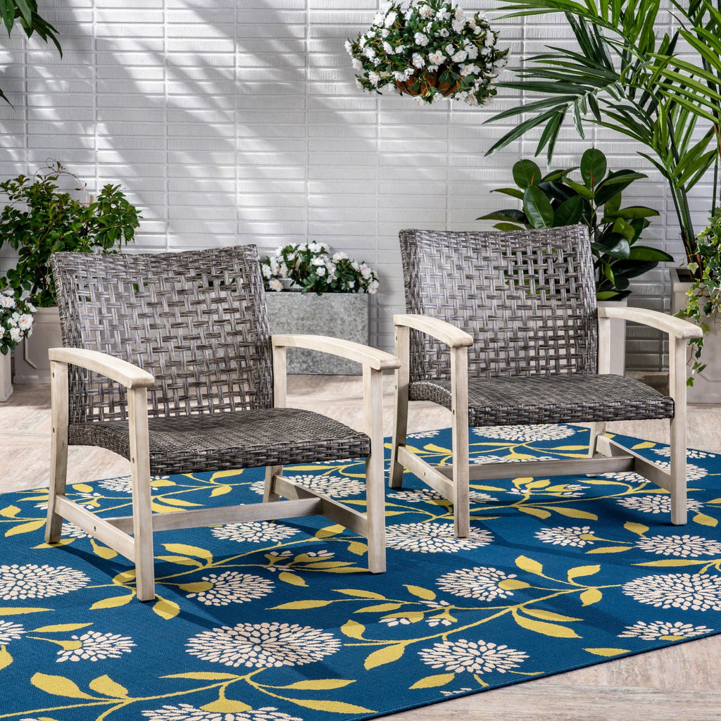 Hampton Outdoor Rattan & Acacia Wood Wicker Club Chairs, Set of 2