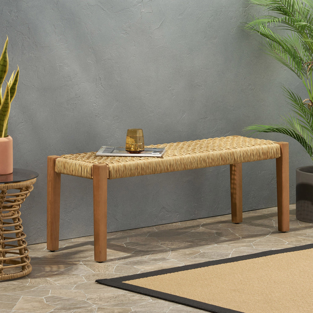 Outdoor Bench with Faux Rattan Seat and Wood Frame
