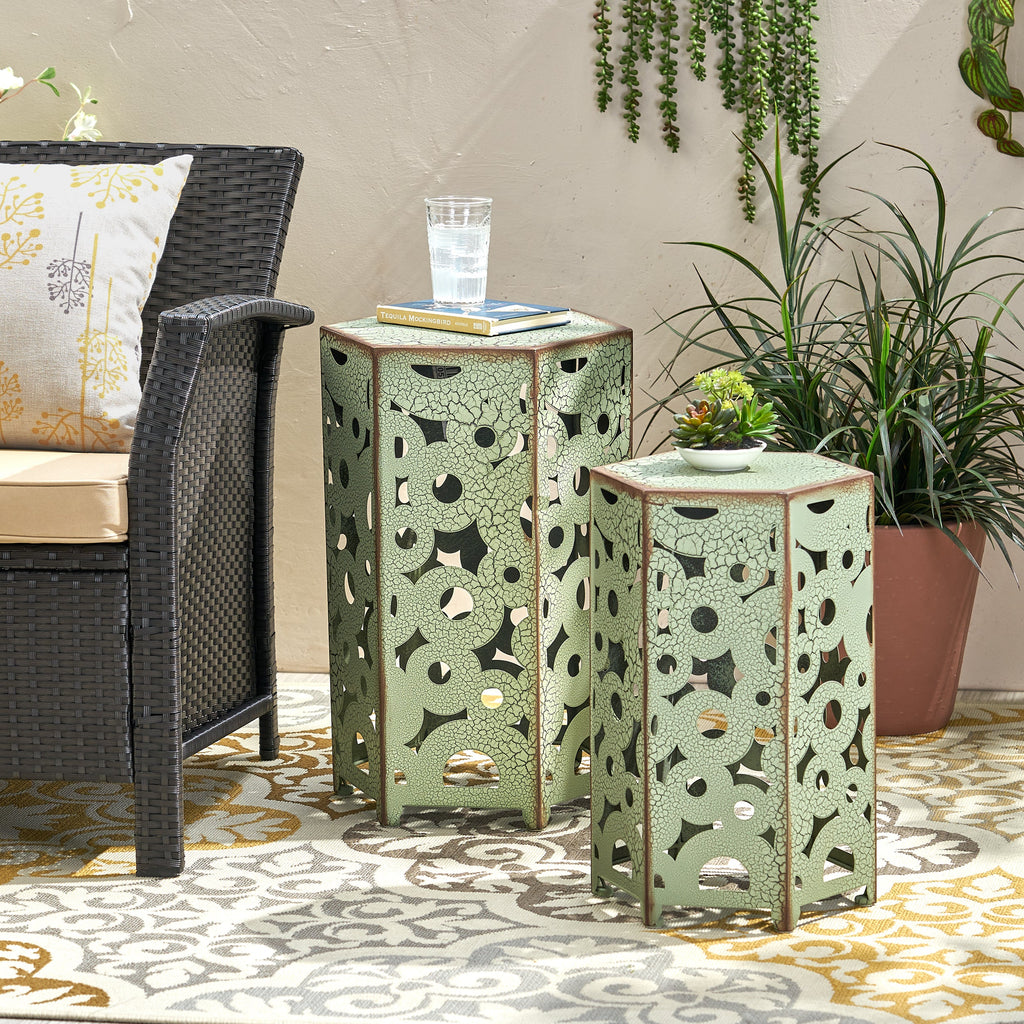 Wistfulness Outdoor Accent Table with Crackle Pattern and Iron Frame, Set of 2