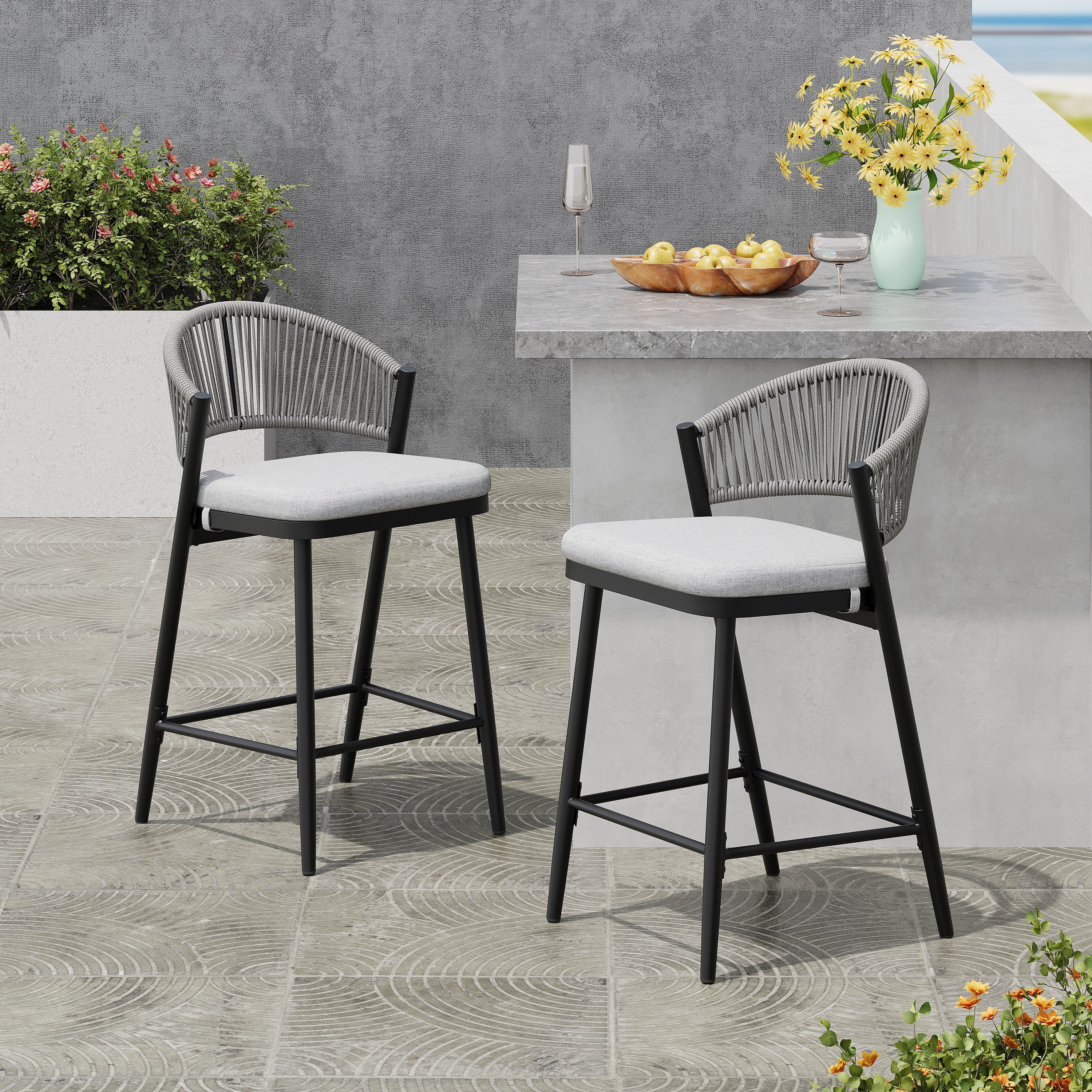 Outdoor Metal Frame Stools with Scallop-Shaped Backrest & Water-Resistant Cushions, Set of 2