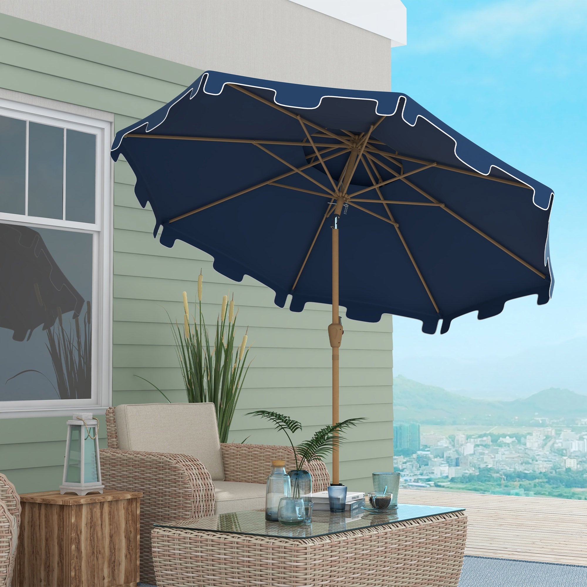 9' Double Top Ruffled Patio Umbrella with Push Button Tilt and Crank