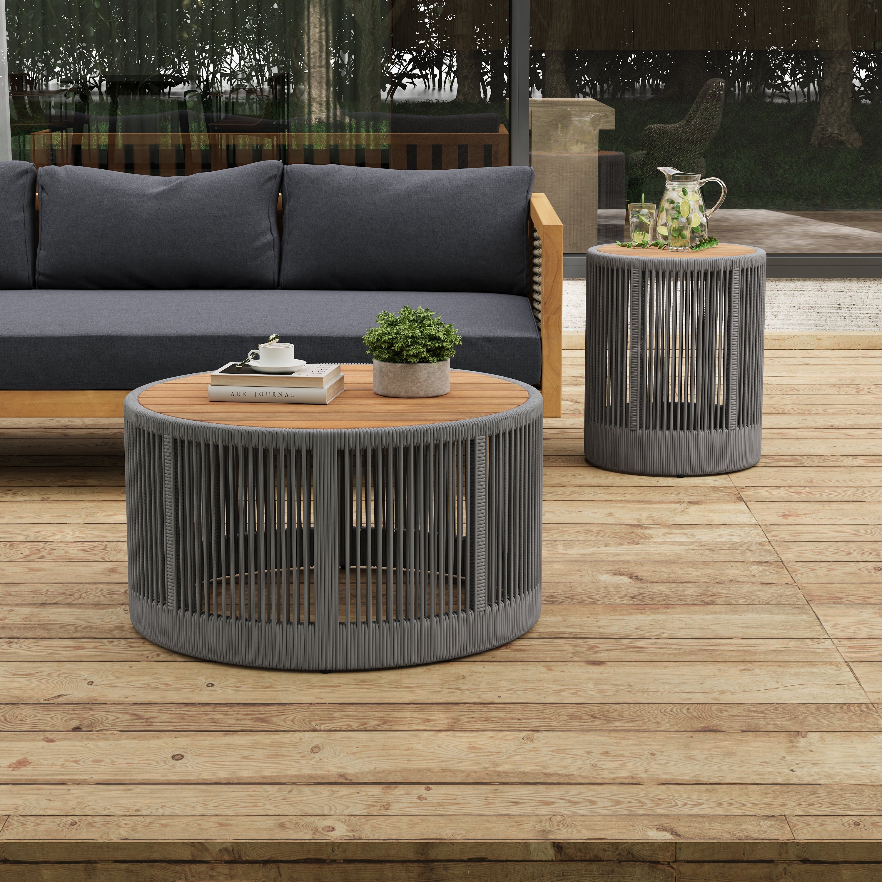Sundara Outdoor Coffee & Side Table Set with Woven Rope Design