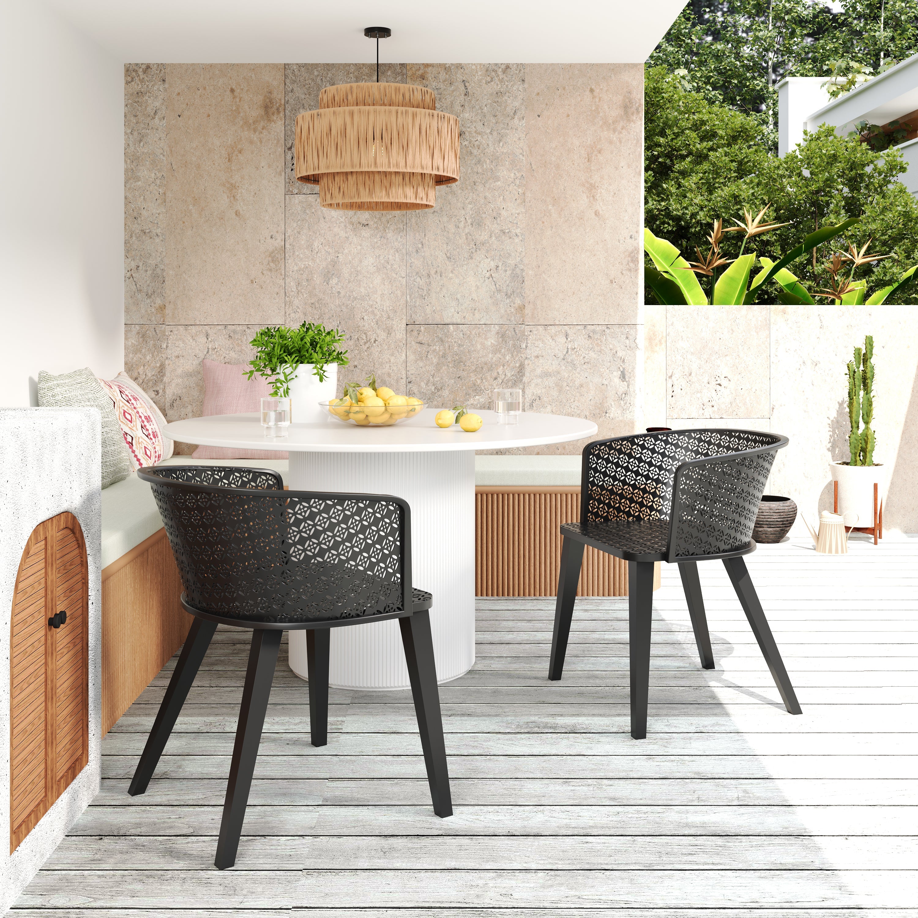 Rejoiced Outdoor Dining Chair with Geometric Lattice Design and Curved Back, Set of 2