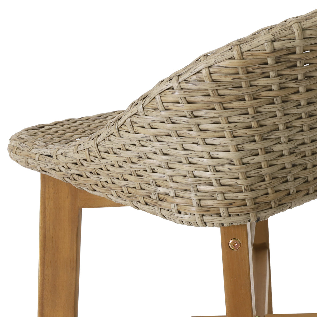 Beeson Outdoor Wicker and Acacia Wood Barstools, Set of 2