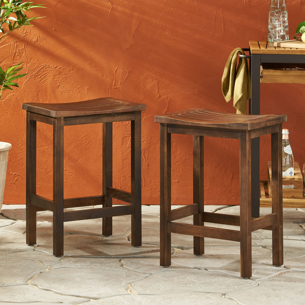 Mahogany Brown Outdoor Acacia Wood Counter Height Barstool, Set of 2